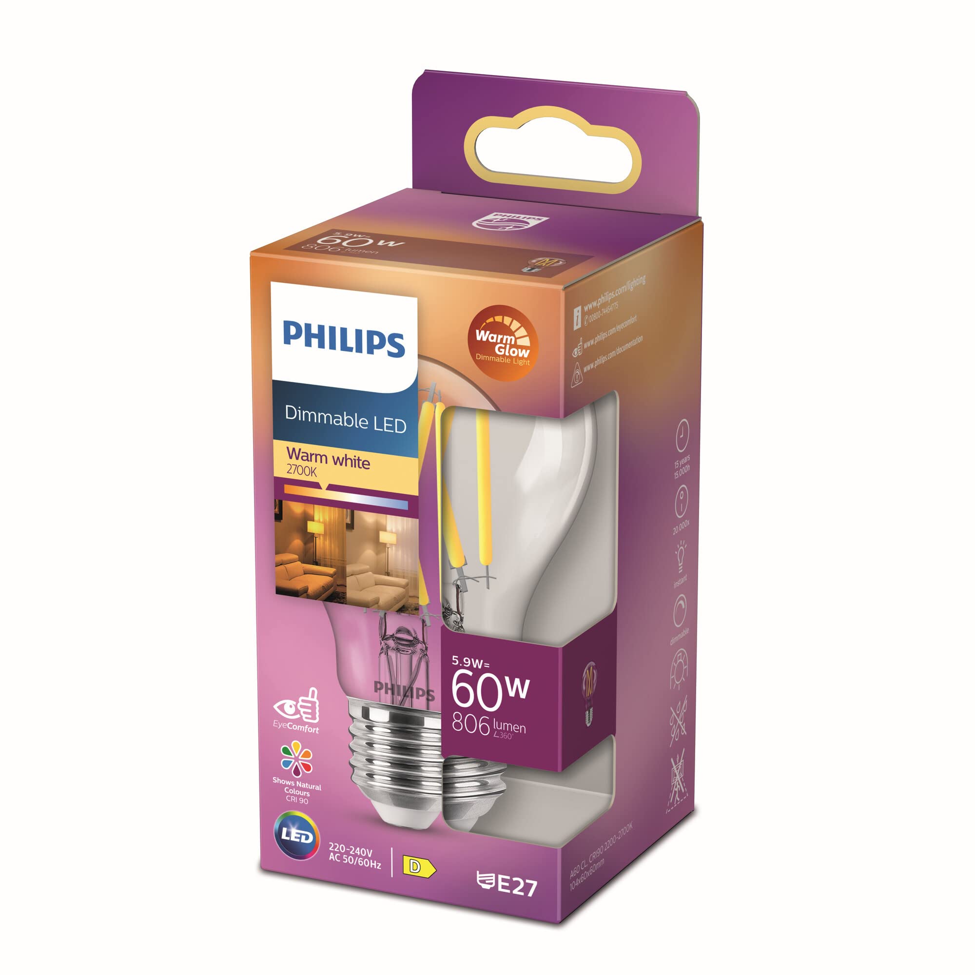 Philips LED Classic E27 Filament Lampe Warm Glow (60 W), dimmbare LED Lampe mit warmweißem Licht, energiesparende Lampe mit langer Nutzlebensdauer, Klar Single Angebot bei HelloDeals