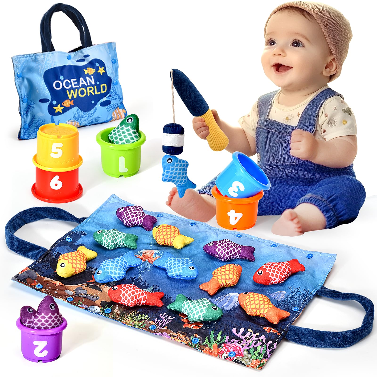 Montessori Spielzeug ab 1 2 Jahr, Angelspiel kinderspielzeug, Baby Spielzeug für 6 12 18 Monate, Motorikspielzeug Fische Angeln Spiel Lernspielzeug, Geschenk Junge Mädchen Blau Angebot bei HelloDeals
