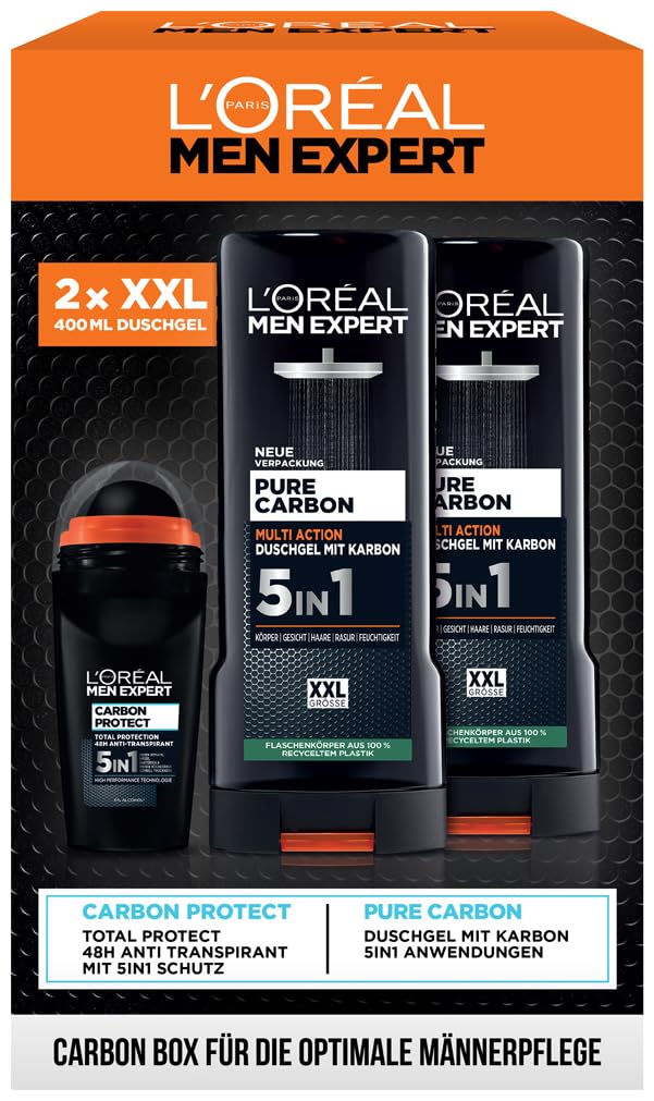 L'Oréal Men Expert Pflegeset für Männer, Geschenkset mit XXL 5-in-1 Duschgel und Deoroller, Geschenke für Herren inklusive Bodywash und Deo Roll-On mit Karbon, Pure Carbon, 2 x 400 ml, 1 x 50 ml Angebot bei HelloDeals