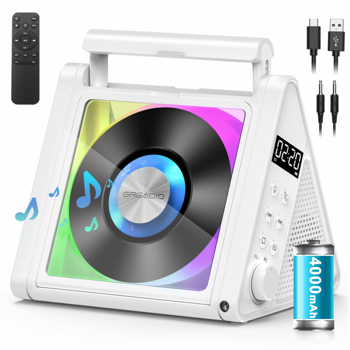 Greadio CD Player Tragbar, 4000mAh Wiederaufladbarer FM Radio mit Stereoanlage und Bluetooth 5.3, USB, AUX, Fernbedienung, 2 * 10W-HiFi-Sound-Lautsprecher, RGB-Farbige Lichter MP3 CD Player Kinder Weiß Angebot bei HelloDeals