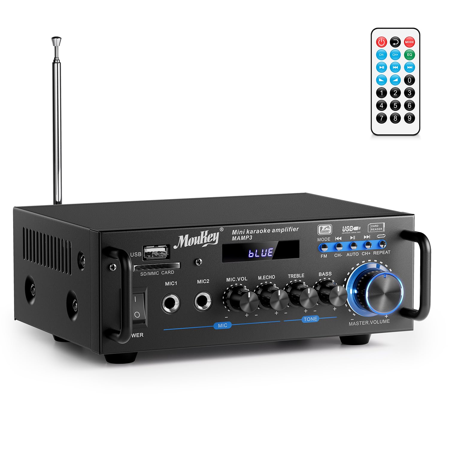 Moukey 2.0 Kanal Stereo Bluetooth Karaoke Verstärker, 100W Stereo Audio Verstärker Empfänger, Verstärker HiFi mit RCA, USB, SD, 2 Mic Eingänge, FM Radio für Auto oder Zuhause, MAMP3 Angebot bei HelloDeals