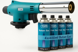 TOM Gasbrenner – Brenneraufsatz - Gaskartuschen mit Bajonettverschluss MSF-1A für Werkstatt, Garten, Küche & Co. – 1300°C – Piezozündung – Lötbrenner – Bunsenbrenner (Gasbrenner mit 4 Gaskartuschen) Angebot bei HelloDeals