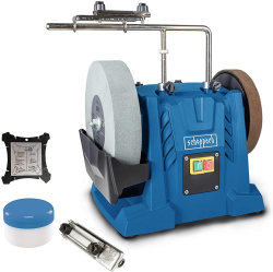 Scheppach Nass-Schleifsystem Tiger 7000s (Nass-Schleifmaschine mit 200W Induktions-Motor, Edelkorund Schleifstein 250 x 50 mm 220 Körnung | inkl. Universalvorrichtung | Abziehpaste & Winkellehre abgewinkelt Angebot bei HelloDeals