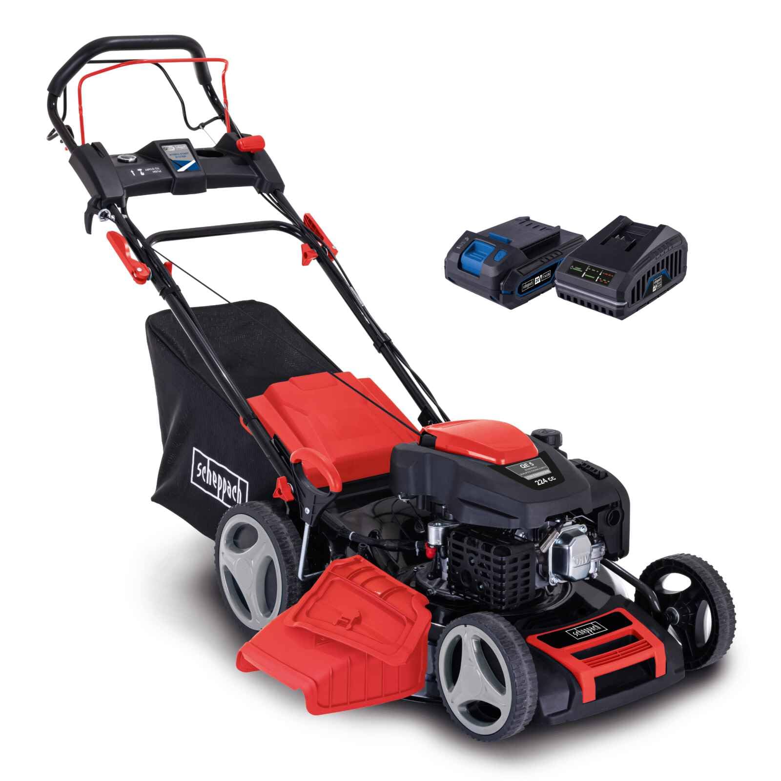 Scheppach MS225-53E VS Benzin Rasenmäher mit Antrieb & VarioSpeed - 6PS | E-Start | 53cm Schnittbreite | Reinigungsfunktion | 65 L Fangkorb | 7-stufige Höhenverstellung | Mulchfunktion | Seitenauswurf Angebot bei HelloDeals