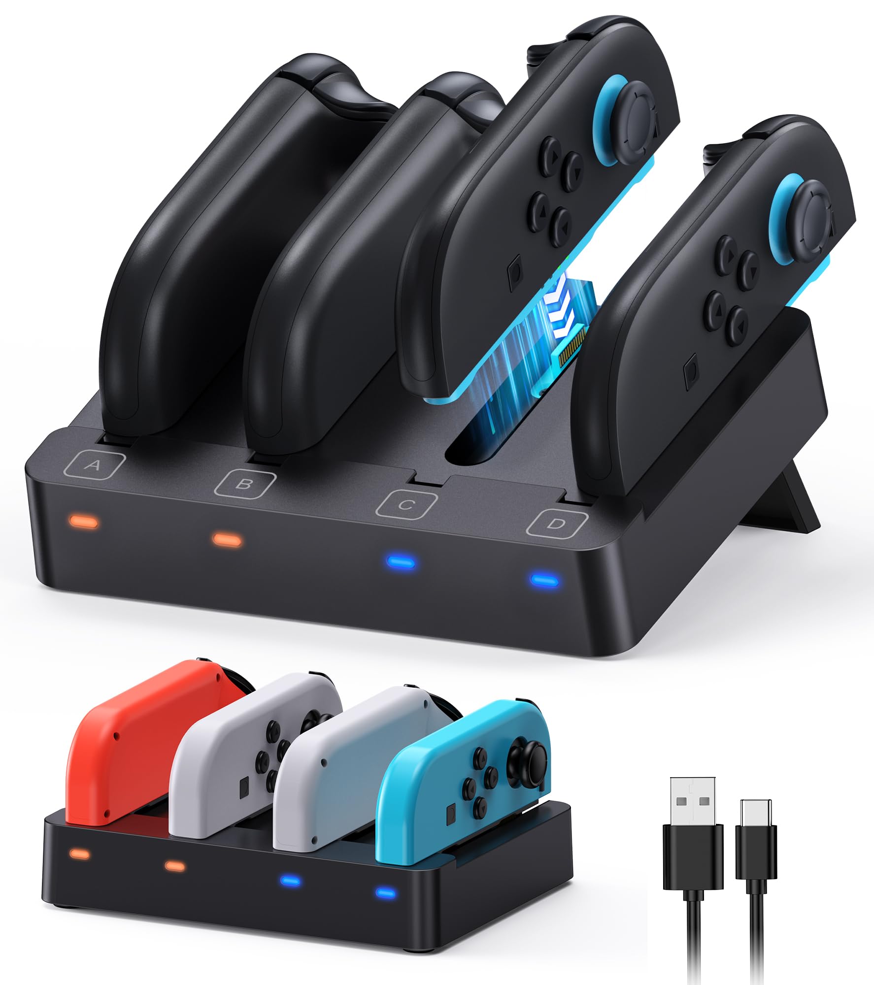 [Fit für Switch 2&1] 4 in 1 Controller Ladestation für Nintendo Switch 2/Switch1/OLED Modell Zubehör, WAXITY Schnelle Magnetische Horizontale Ladegerät für Joy Con 2 & für Joycon 1 mit USB Ladekabel Schwarz Angebot bei HelloDeals