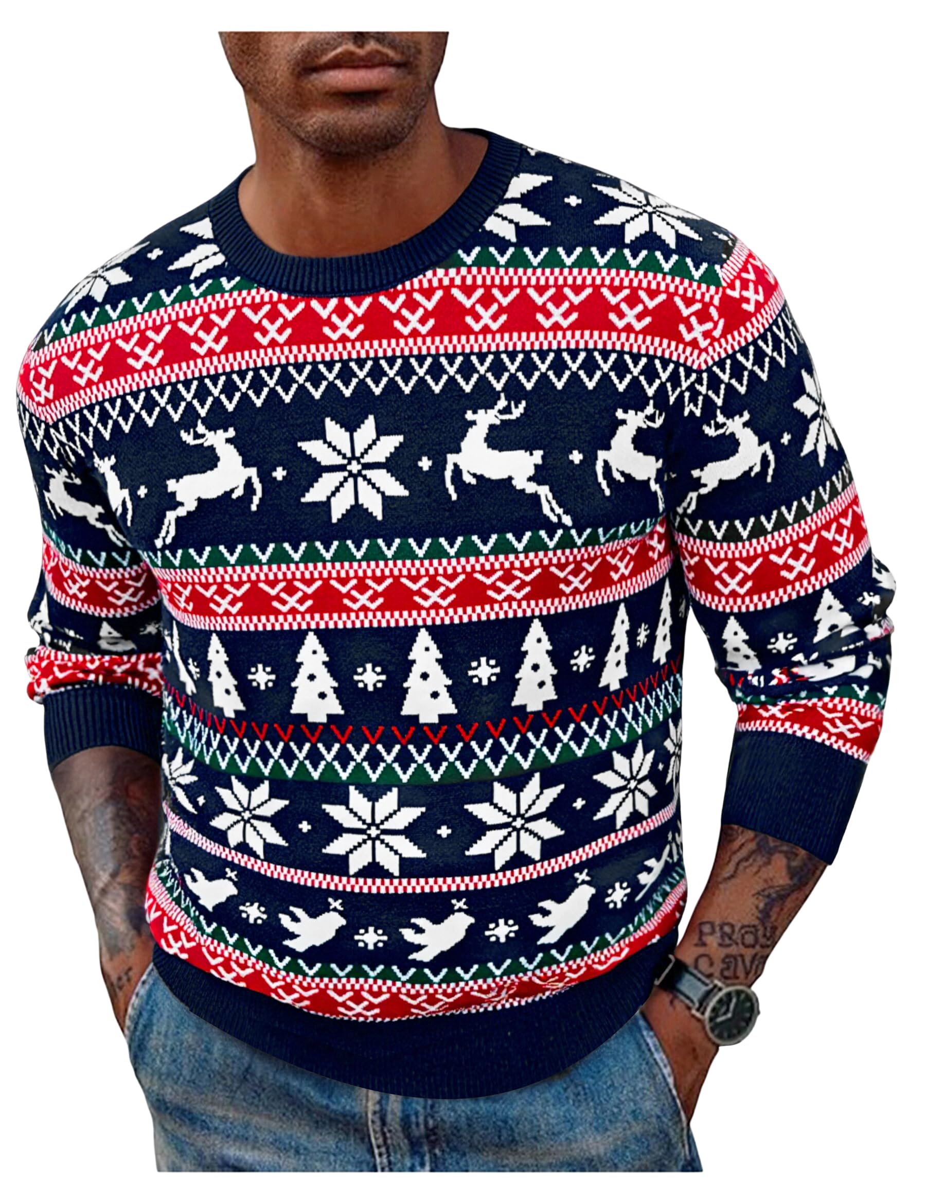 Weihnachtspullover Herren Norweger Christmas Sweater Lustig Winter Pullover Warm Weihnachtspulli Rundhals Strickpullover für Weihnachten Blau M Angebot bei HelloDeals