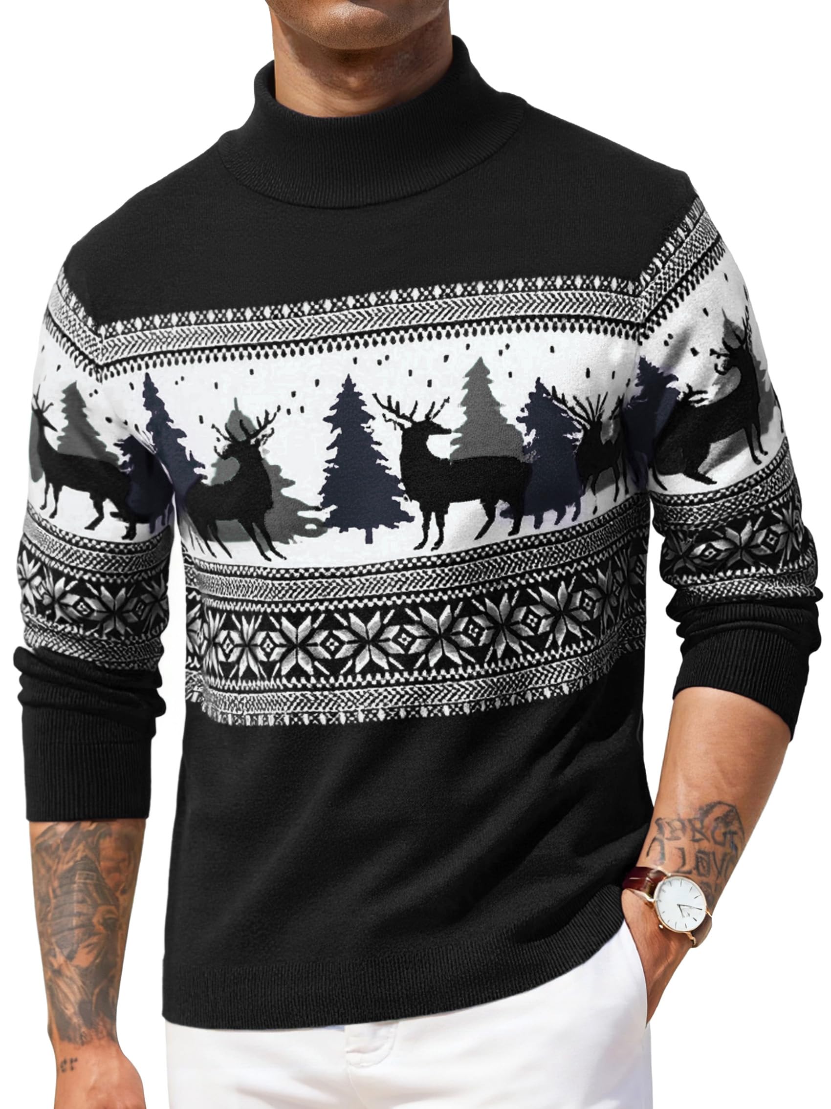 Weihnachtspullover Herren Halbzip/Rollkragen Weihnachts Pullover Warmer Strickpullover mit Rentier und Schneeflocken Lustiger Weihnachtspulli Winter Xmas Sweater für Festliche S–3XL Schwarz B L Angebot bei HelloDeals
