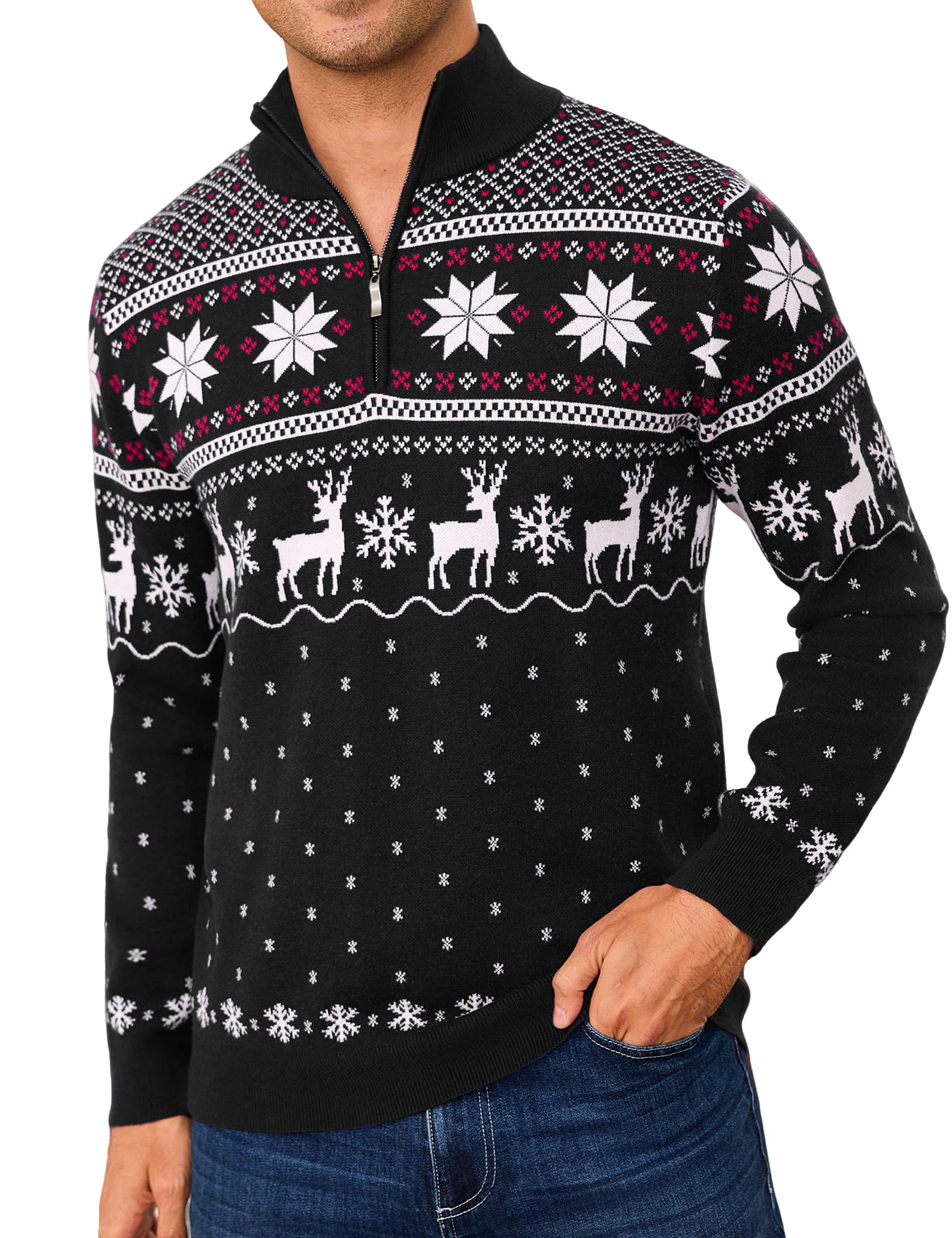 Weihnachtspullover Herren Rollkragen Christmas Sweater mit Viertel-Reißverschluss Weihnachts Pullover Langarm mit Rentiermuster Strickpullover Weihnachtspulli Winter Warme B-schwarz L Angebot bei HelloDeals