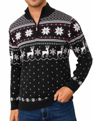 Weihnachtspullover Herren Rollkragen Christmas Sweater mit Viertel-Reißverschluss Weihnachts Pullover Langarm mit Rentiermuster Strickpullover Weihnachtspulli Winter Warme B-schwarz L Angebot bei HelloDeals