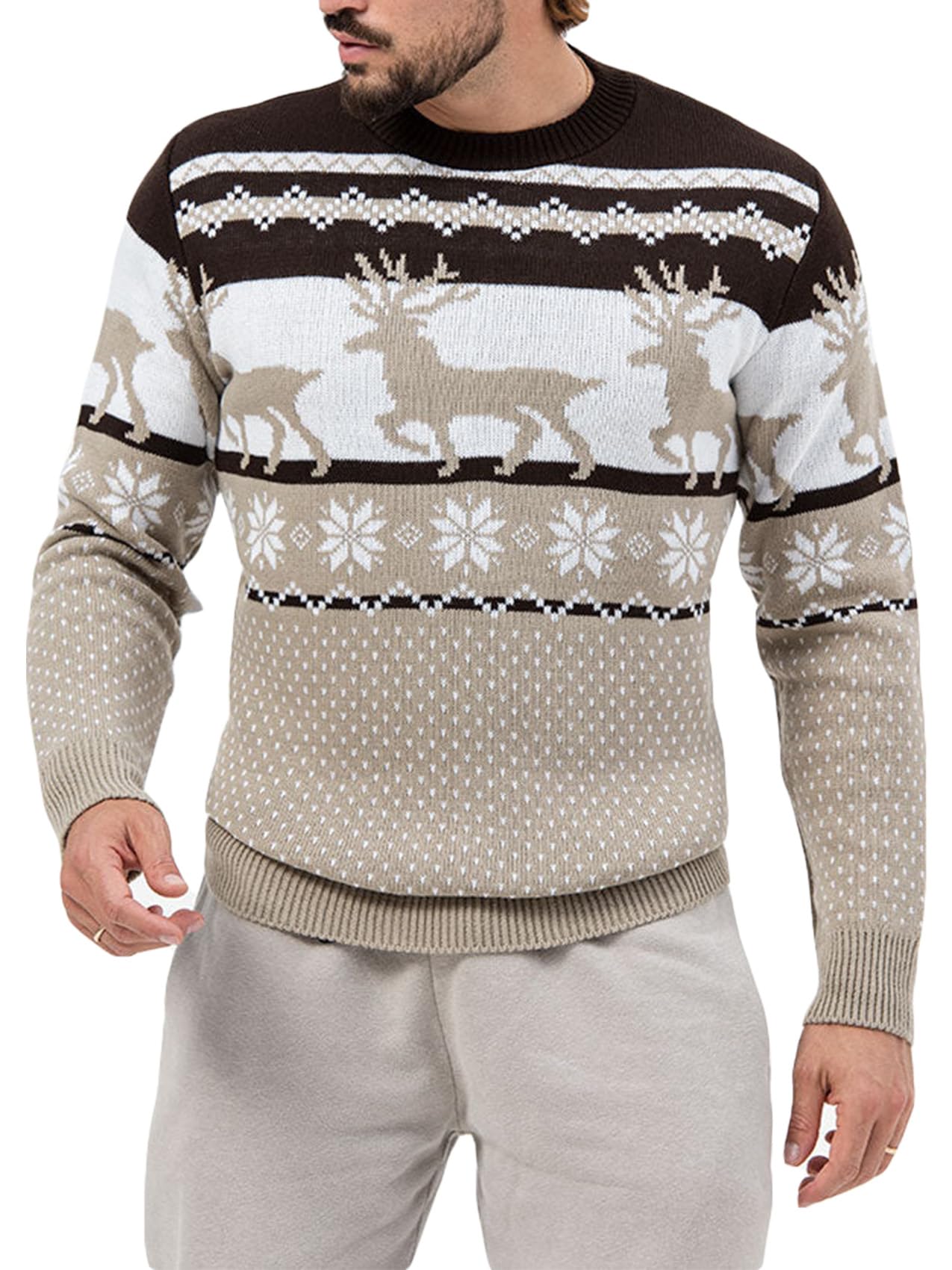 Weihnachtspullover Herren Weihnachten Rentier Strickpullover Winter Warm Christmas Sweater Langarm weihnachtspulli Festlicher Pullover L Braun Angebot bei HelloDeals