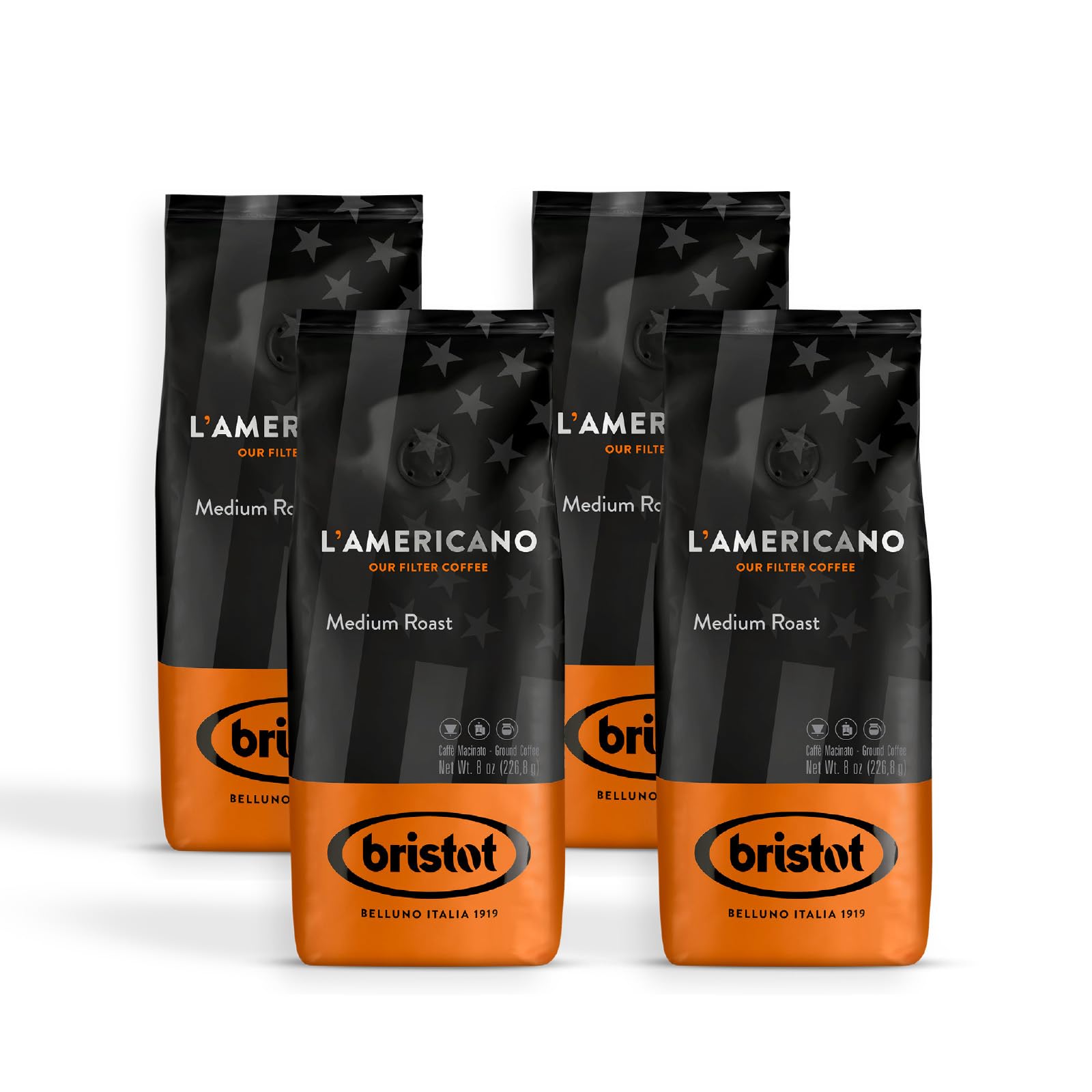 Bristot, Gemahlener Kaffee L’Americano Medium Roast – Mischung für Filterkaffee aus Brasilien und Südostasien, Schokolade, Gewürzen und Kakaonoten – Set mit 4 pro 226 g (Insgesamt 904 g) Angebot bei HelloDeals