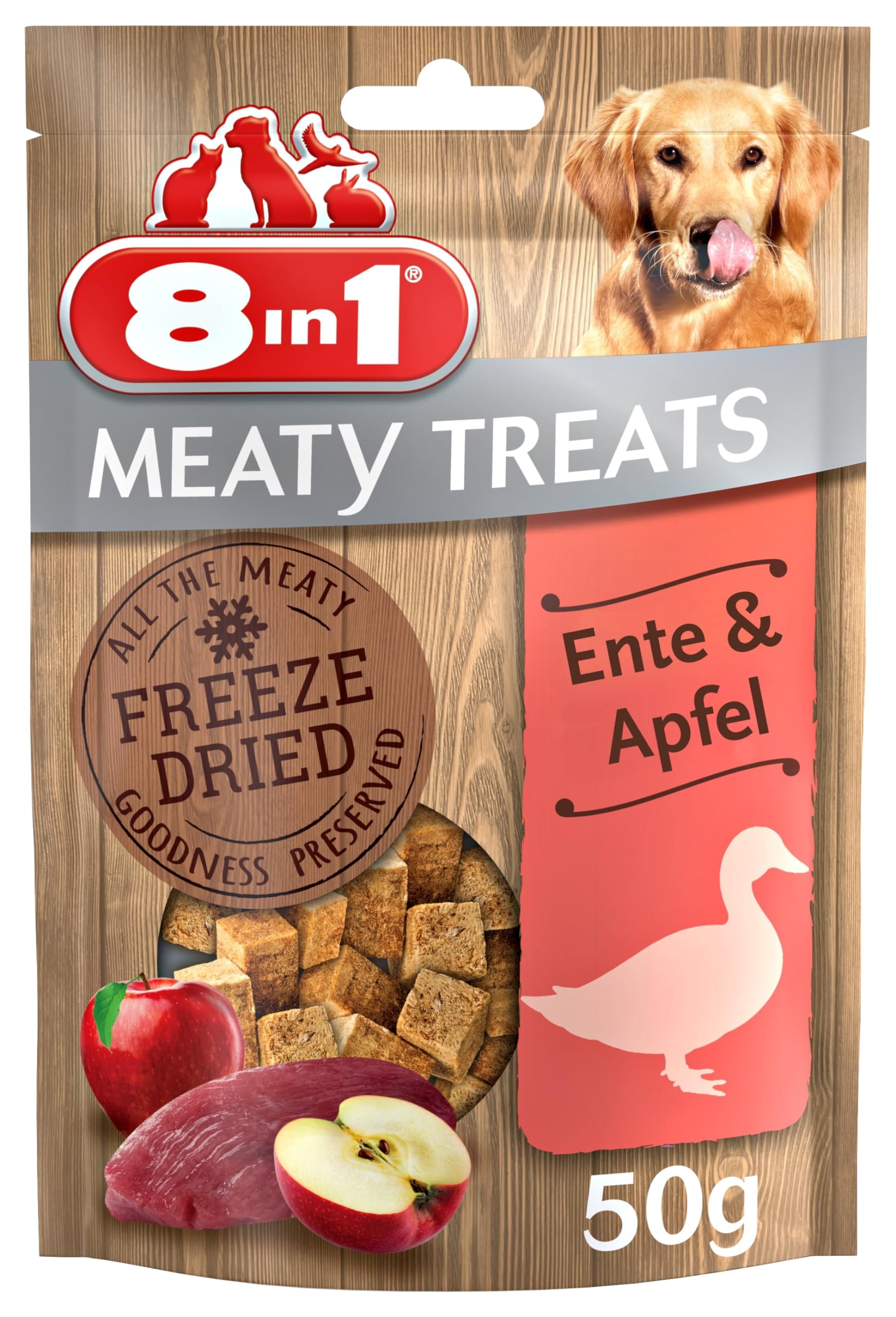 8in1 Meaty Treats, gefriergetrocknete Hunde Leckerlis mit Ente & Apfel, getreidefrei und ohne Zucker, 50 g Beutel 50 g (1er Pack) Ente & Apfel Angebot bei HelloDeals