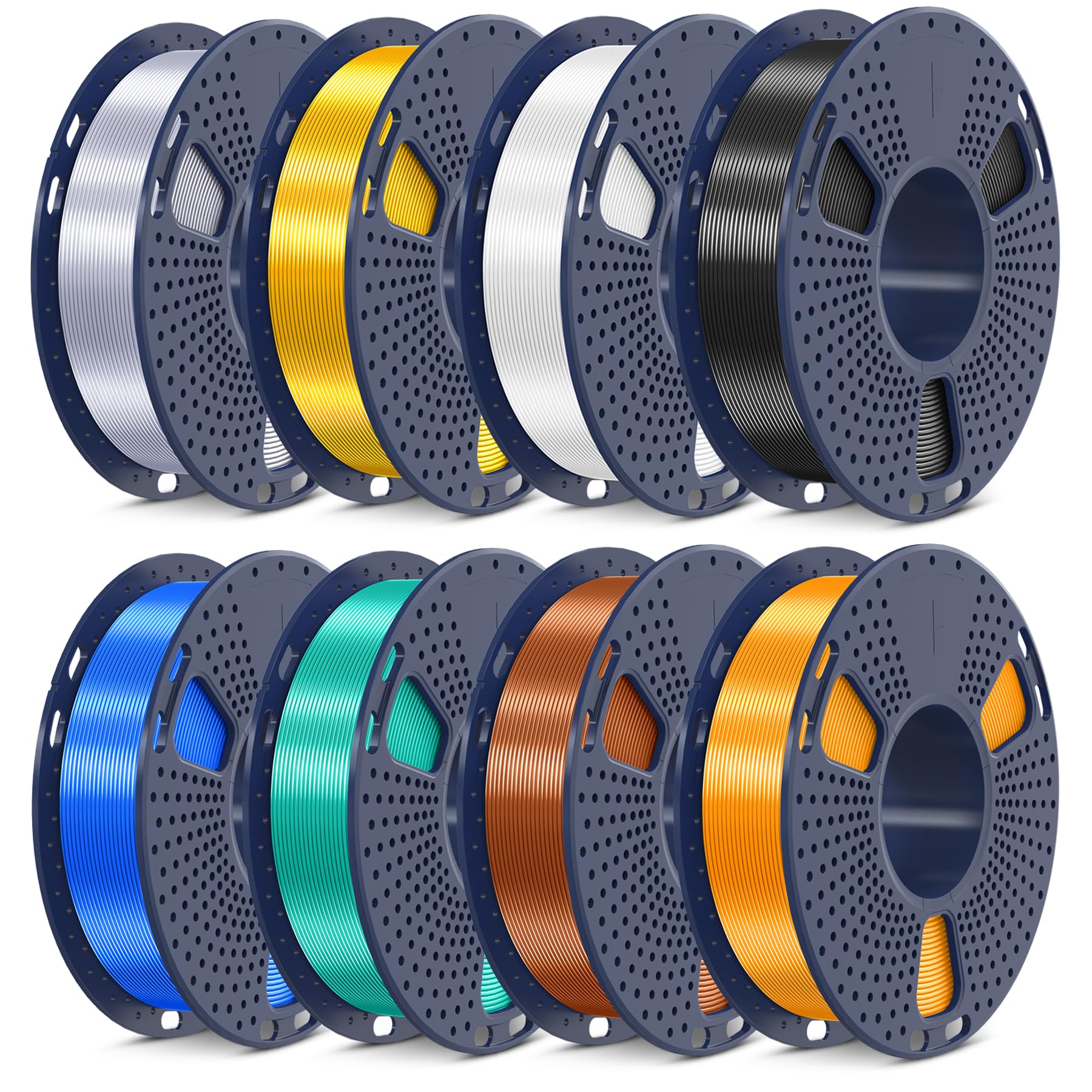 SUNLU Silk PLA Plus 3D Drucker Filament, 250G Silk PLAPLUS Filamentbündel, 1,75 mm glattes Seidenfilament Muticolor, 250G Spule, 8 Rollen, Schwarz+Weiß+Hellgold+Silber+Messing+Rotkupfer+Blau+Grün SUNLU SILK Bundle - Schwarz+Weiß+Helles Gold+Silber+Messing Angebot bei HelloDeals