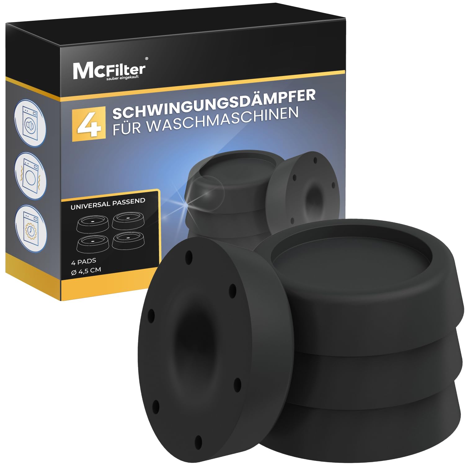 McFilter I 4 Schwingungsdämpfer für Waschmaschinen und Trockner I Universal Vibrationsdämpfer kompatibel mit Bosch, Siemens, AEG I Rutschfeste Gummipads, Gummifüße, Waschmaschinenunterlage - schwarz Schwingungsdämpfer schwarz Angebot bei HelloDeals
