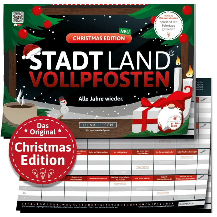 DENKRIESEN Stadt Land VOLLPFOSTEN® - Christmas Edition | ab 9 Jahren mit 26 neuen Kategorien | Stadt Land Fluss | Weihnachtsspiele | Xmas | Familienspiel - Adventskalender Füllung | Wichtelgeschenk DIN A4 Angebot bei HelloDeals