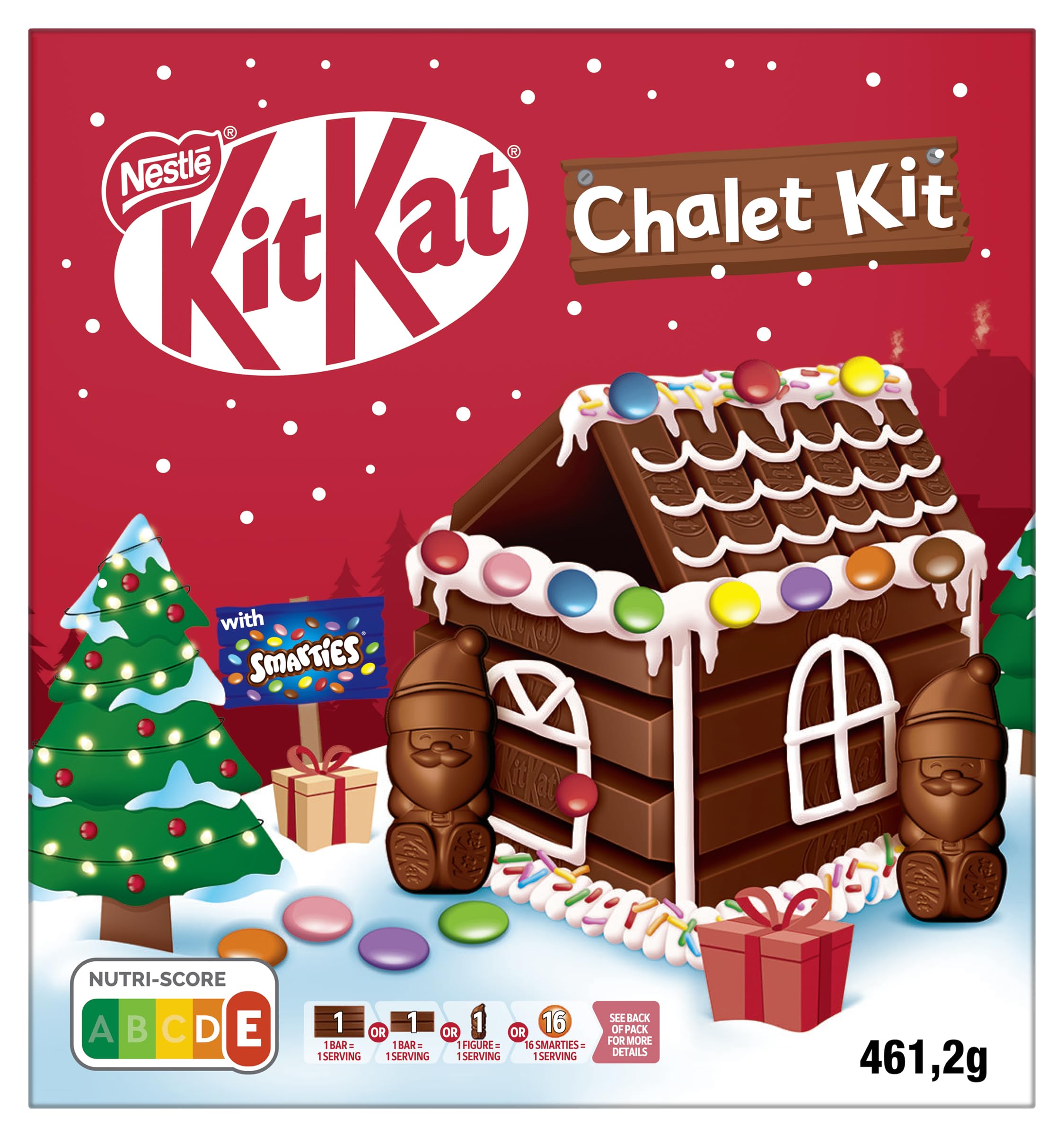 NESTLÉ KITKAT Chalet Kit Weihnachtsschokolade, Weihnachtshäuschen zum selber Basteln mit KITKAT und SMARTIES, 1er Pack (1 x 461g) Angebot bei HelloDeals