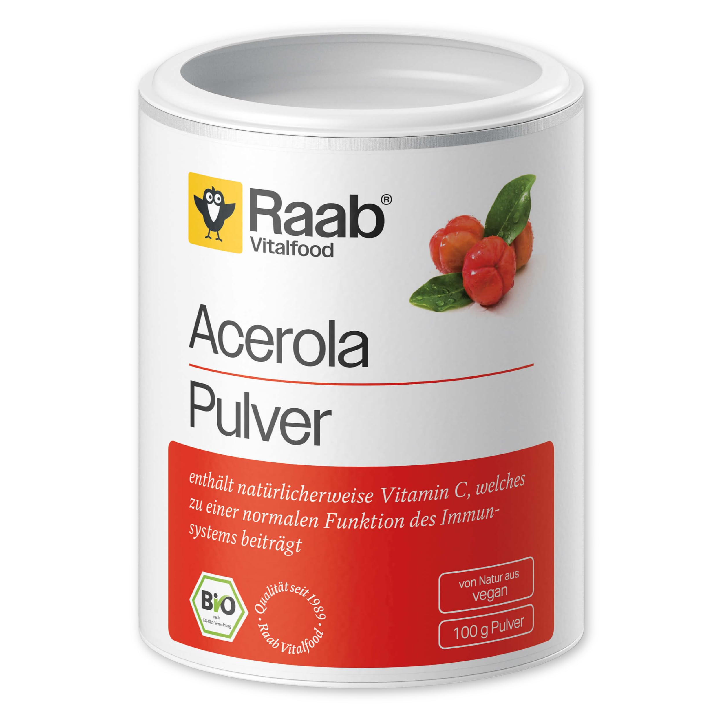 Raab Vitalfood Bio Acerola-Pulver, hochdosiert mit 17 % natürlichem Vitamin C, laborgeprüft, glutenfrei, vegan, Extrakt, Acerola-Kirsche, 100 g Dose Angebot bei HelloDeals