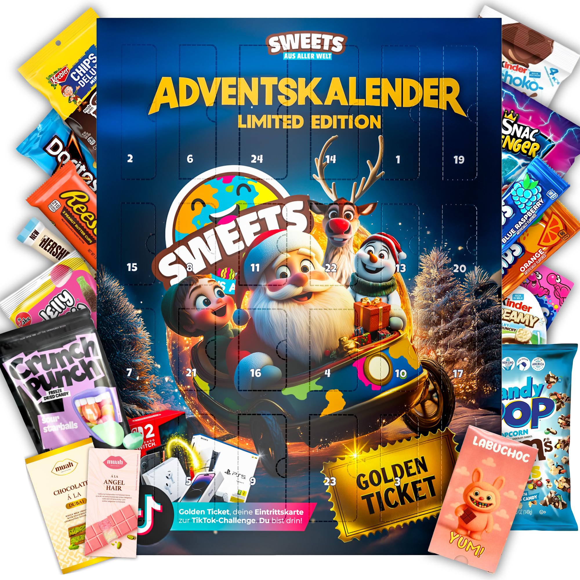 Adventskalender 2025 mit Amerikanischen Süßigkeiten & Snacks aus aller Welt - Weihnachtskalender mit Labuchoc, Dubai Schokolade, Schokobons crispy, Angel Hair & vielen weiteren viralen Highlights XXL Angebot bei HelloDeals