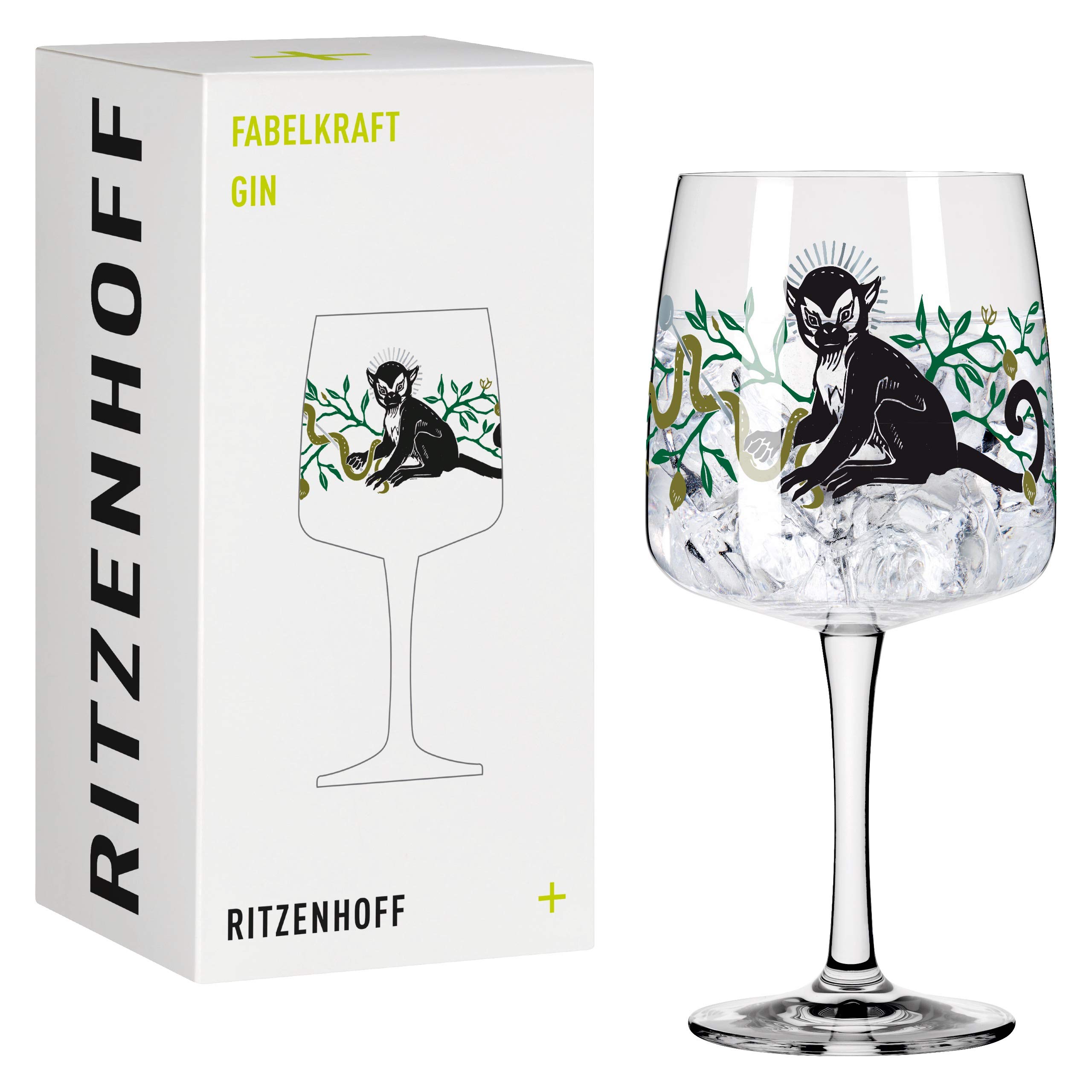 RITZENHOFF 3458001 Gin-Glas 700 ml - Serie Fabelkraft Motiv Nr. 1, Cocktailglas Monkey- Illustration - Made in Germany, Schwarz, Grün, Platin Angebot bei HelloDeals