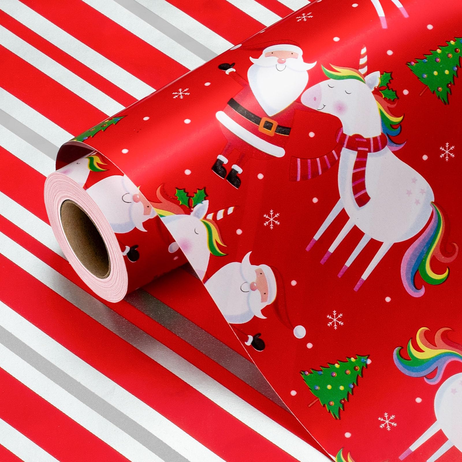 Wikadlik Reversibles Weihnachtsgeschenkpapier - 43 cm x 10 m - Hübsches Geschenkpapier mit Weihnachtsmann/Einhorn/Rot-Weiß-Streifen für Feiertagspartys und Feierlichkeiten Rotes Einhorn 1 stück (1er Pack) Angebot bei HelloDeals