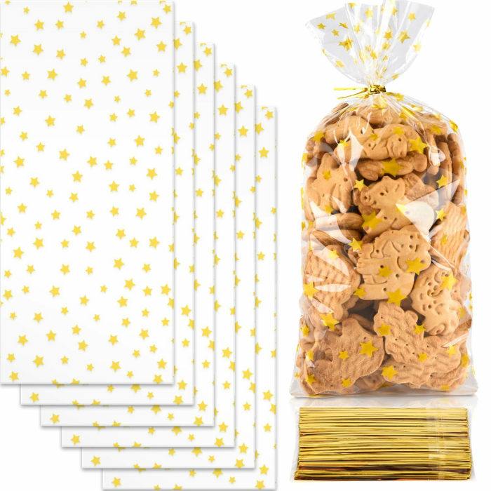100 Stück Goldene Sterne Kekstüten, 13 x 27 cm, BPA-frei, Polypropylen, Drehbinder, Weihnachten, Hochzeiten, Geburtstage Angebot bei HelloDeals