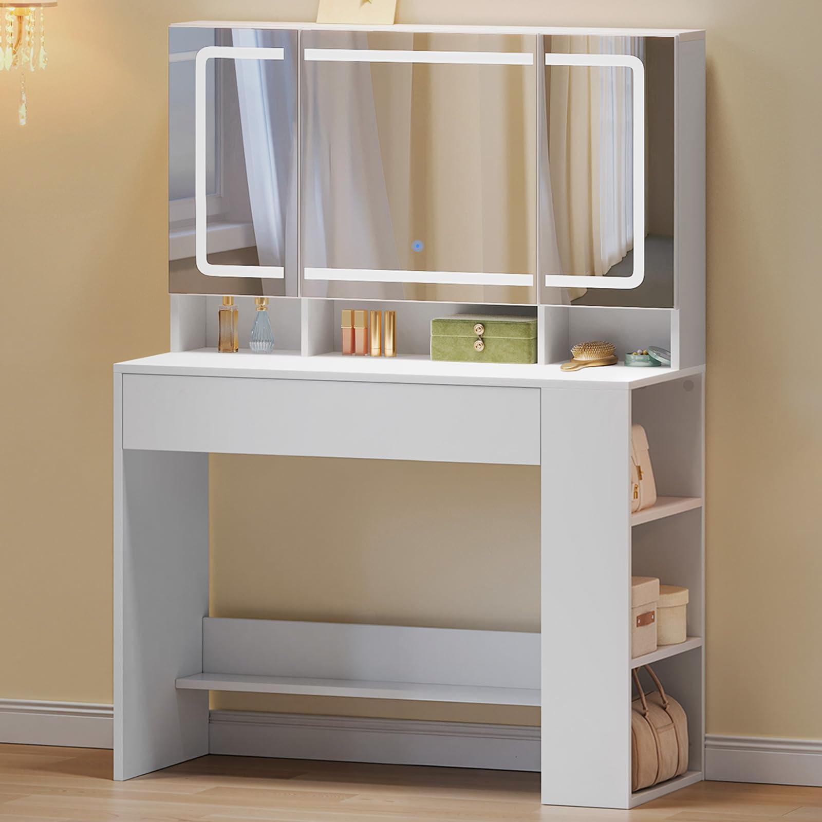 WOLTU Schminktisch mit Beleuchtung Spiegel LED, Schminktisch mit Schublade, Ablage hinter dem Spiegel, Schmuckkasten und seitlichem Regal, Moderne Möbel für Schlafzimmer, weiß, 90 x 40 cm Angebot bei HelloDeals