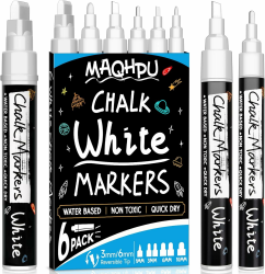 Weiß Kreidestifte für Fenster & Tafel Abwaschbar, 6 Stück Kreidemarker Fenster, Whiteboard Marker Fenstermalstifte Fensterstifte Tafelstifte für Glas & Gewürzgläser(1mm, 3mm, 6mm, 10mm) Angebot bei HelloDeals