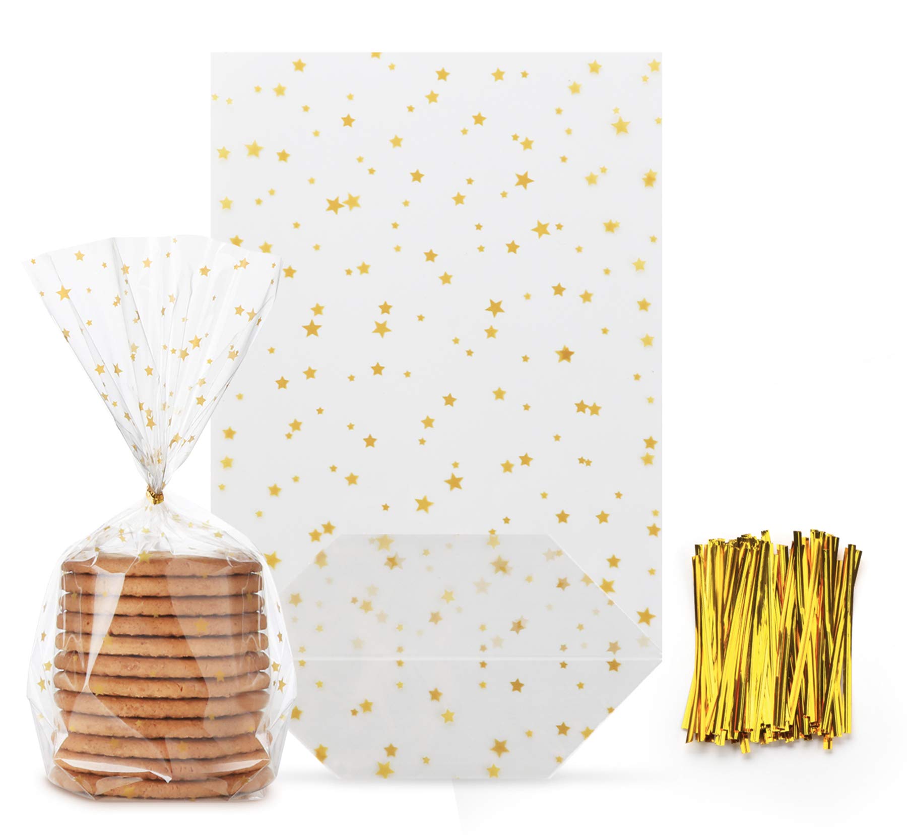 Absofine 100 Stück Bodenbeutel Sterne Gold OPP Beutel mit Gold Band Verpackung Keksbeutel Gebäckbeutel Weihnachtsbeutel Klarsichtbeutel Folienbeutel Tüten Angebot bei HelloDeals
