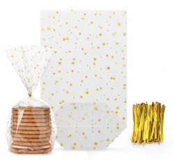 Absofine 100 Stück Bodenbeutel Sterne Gold OPP Beutel mit Gold Band Verpackung Keksbeutel Gebäckbeutel Weihnachtsbeutel Klarsichtbeutel Folienbeutel Tüten Angebot bei HelloDeals