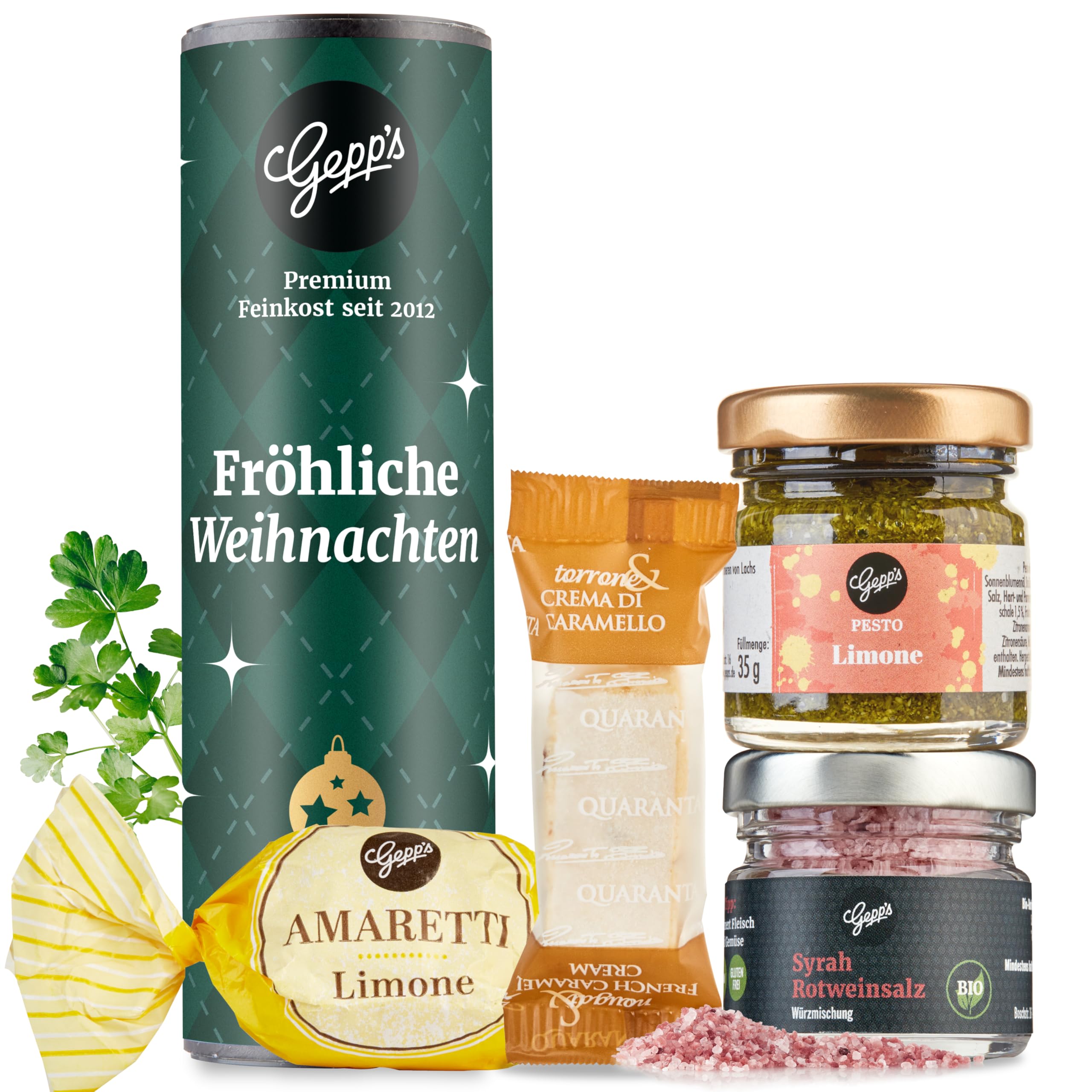 Gepp‘s Feinkost Weihnachts-Geschenk „Frohe Weihnachten“ I Kleines Geschenkset Weihnachten mit köstlichen Delikatessen I Mit italienischer Pesto Limone, Bio Rotwein-Gewürzsalz und Gourmet Naschereien Fröhliche Weihnachten Angebot bei HelloDeals
