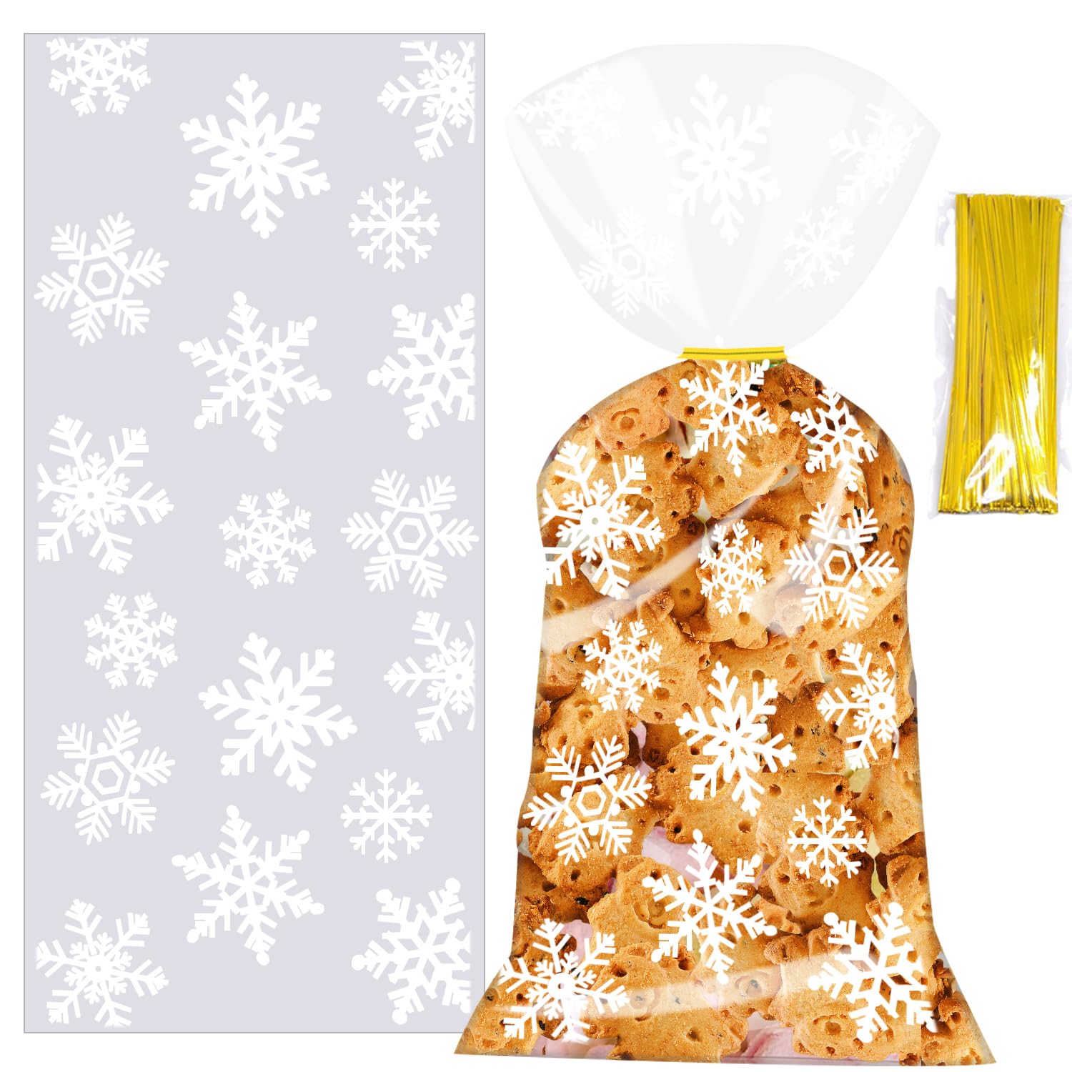 TACHIO Zellophantüten 100 Stück Weihnachtsbeutel 12.5x27.5cm Geschenktüte Keksbeutel Plätzchentüten Gebäcktüten Klarsichtbeutel Zellglasbeutel Cellophantüten für Geschenk (Schneeflocke) Angebot bei HelloDeals