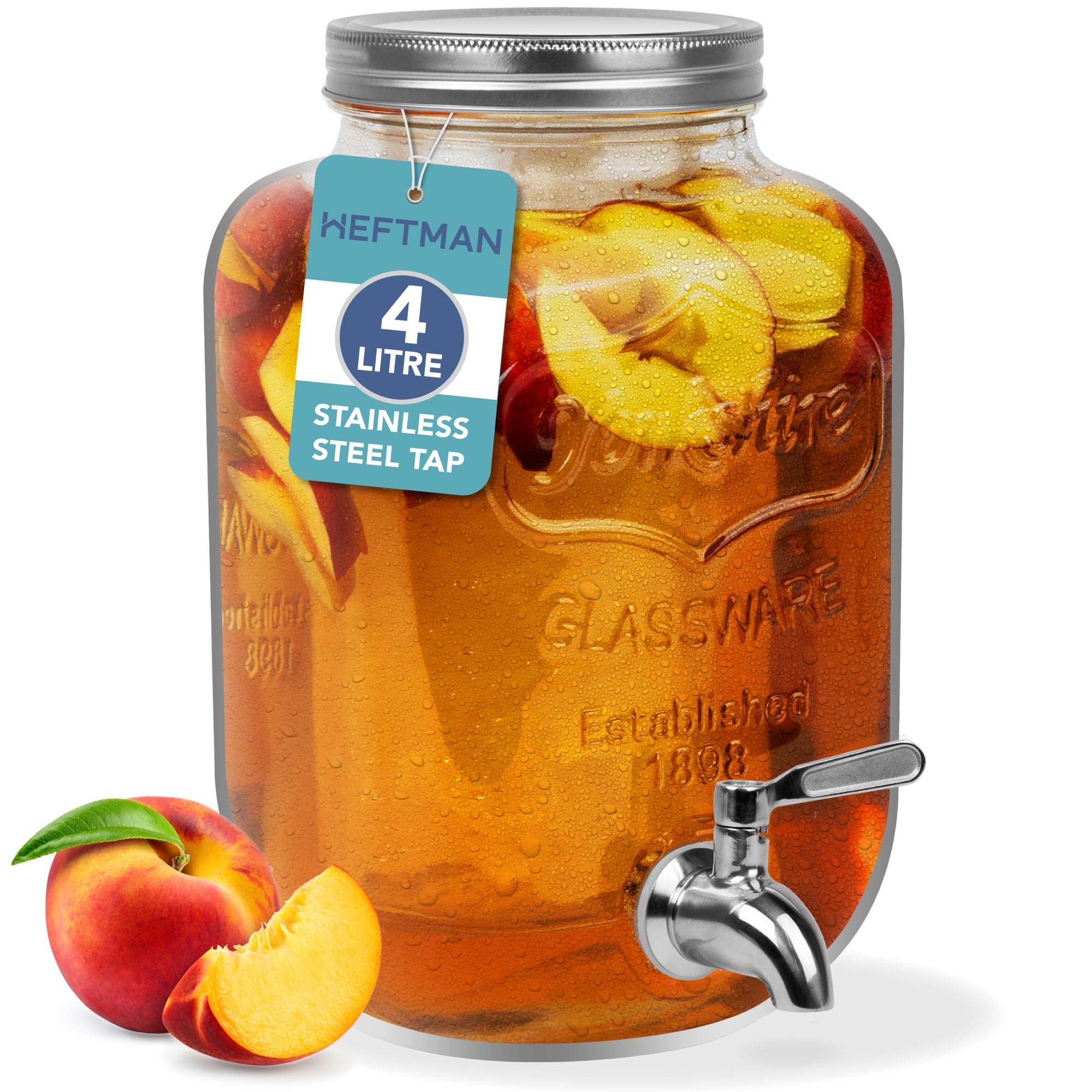 Getränkespender aus Glas mit Zapfhahn – 3,7 Liter Mason Jar & Eiszylinder Kühlschrank Wasserspender, Punsch, Cocktails Angebot bei HelloDeals