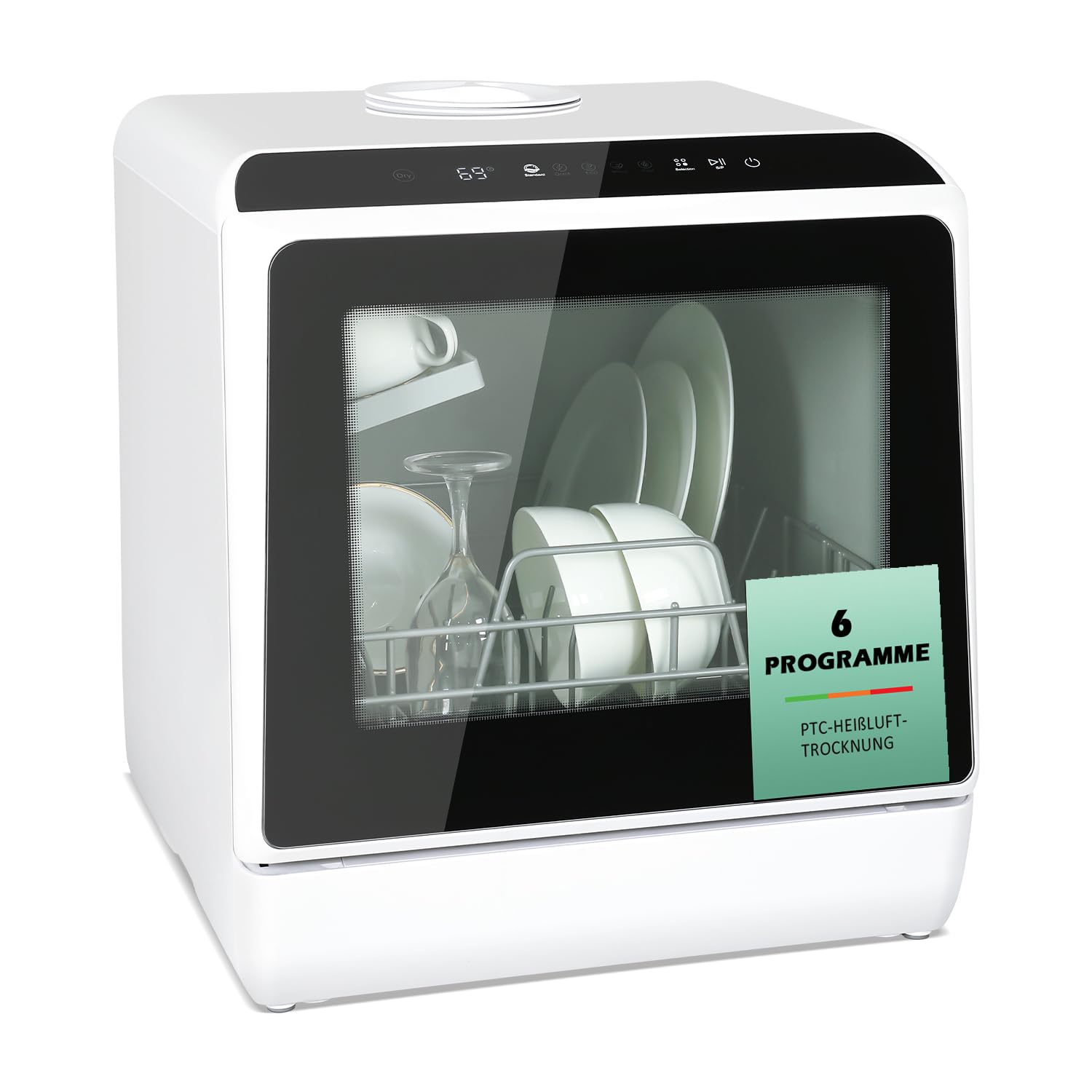 YU YUSING Mini Geschirrspüler Tischgeschirrspüler mit 5+1 Programme, Spülmaschine Klein für 4 Gedecke mit/ohne Wasseranschluss, 5L Wassertank, Touch Control, LED-Display, für Zuhause Büro Camping Weiß mit Glasfenster Angebot bei HelloDeals