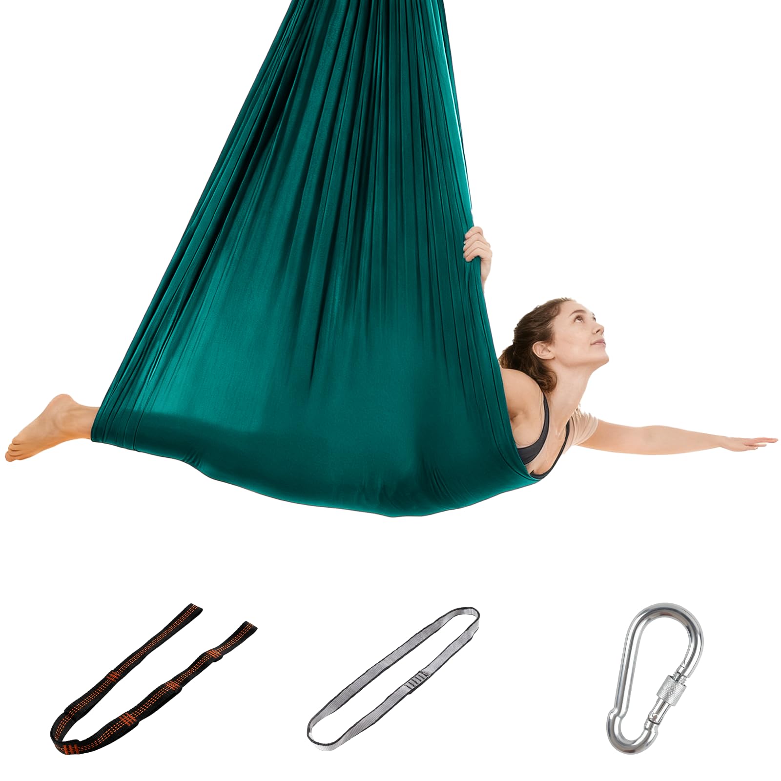 Aerial Yoga Hängematte Set, elastischer Polyesterstoff, inkl. Haupttuch + Verlängerungsgurt + Karabiner, 200 kg Belastbarkeit, kindersicher & rutschfest, mit PE-Reißverschlusstasch Angebot bei HelloDeals