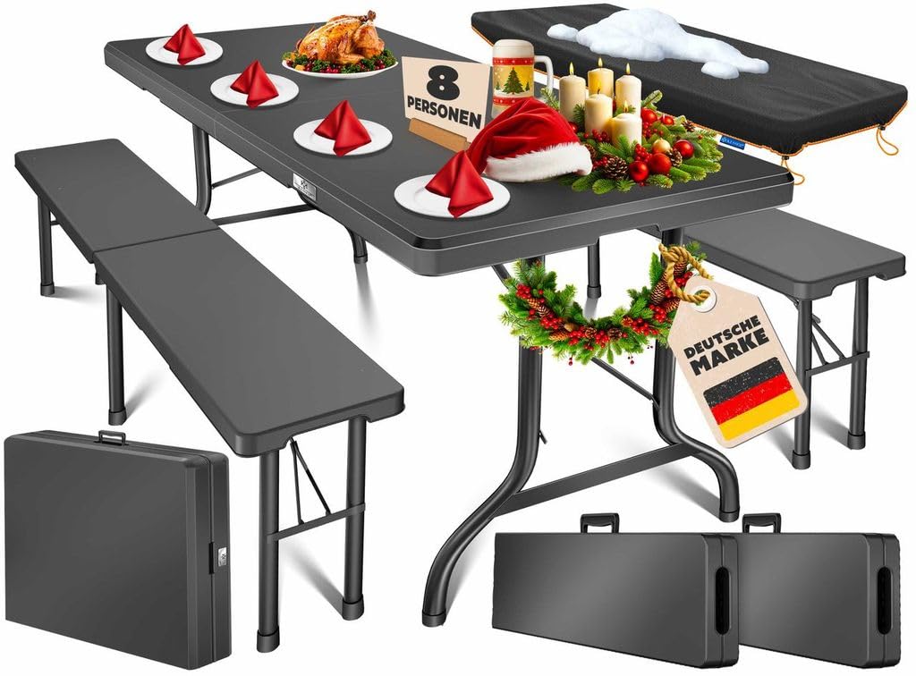 KESSER® Bierzeltgarnitur 3-teilig Set Tisch & 2X Bank | Buffettisch für drinnen & draußen Gartengarnitur klappbar 183x76x74cm Kunststoff Klapptisch Gartentisch Inkl Abdeckung & Tragegriffe Glatt / Anthrazit Angebot bei HelloDeals