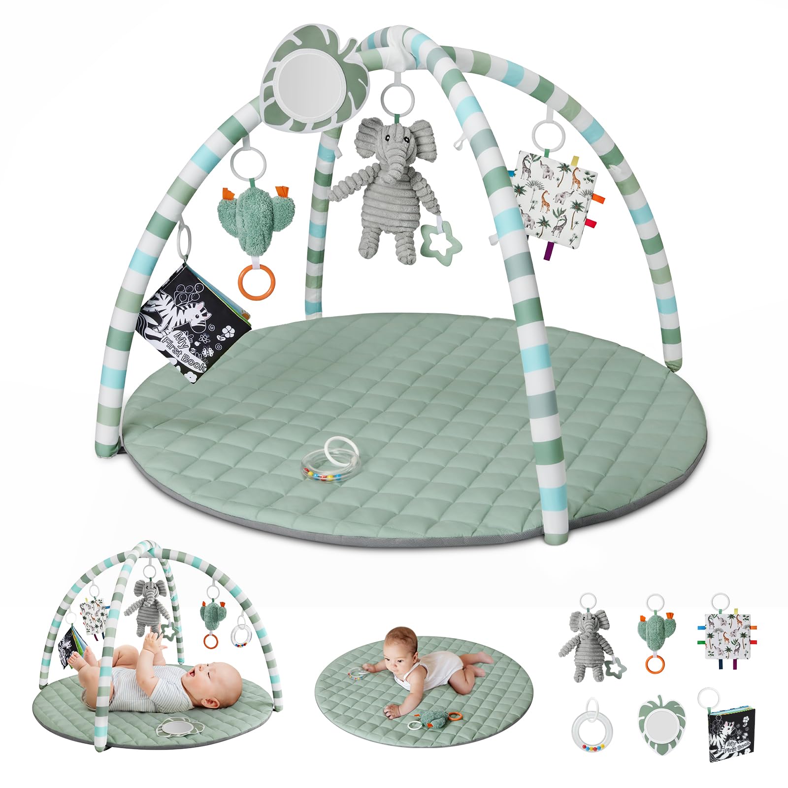 Blissful Diary Spielbogen Baby, Spieldecke Baby Gym Activity Decke mit 6 Abnehmbare Spielzeuge, krabbeldecke Einfach zu Installieren und zu Reinigen, Unverzichtbare Babygeschenke, Salbeigrün Angebot bei HelloDeals