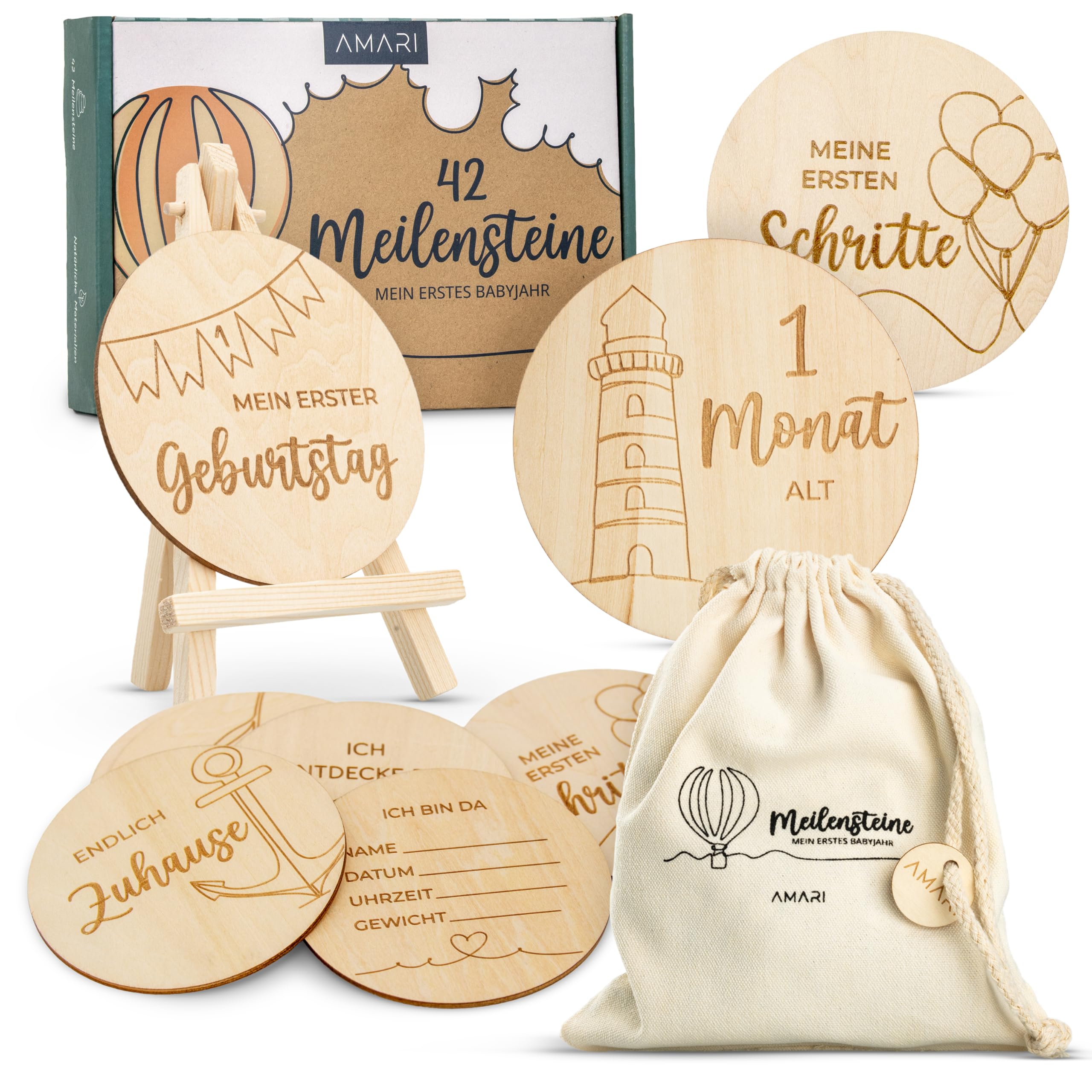 AMARI ® Meilensteinkarten Baby aus Holz (42 Stück) - Baby Geschenk zur Geburt - Babyparty Deko, Babygeschenk Junge Mädchen, Babygeschenke, Geschenk Geburt Neugeborene Babyshower Angebot bei HelloDeals