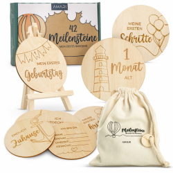 AMARI ® Meilensteinkarten Baby aus Holz (42 Stück) - Baby Geschenk zur Geburt - Babyparty Deko, Babygeschenk Junge Mädchen, Babygeschenke, Geschenk Geburt Neugeborene Babyshower Angebot bei HelloDeals