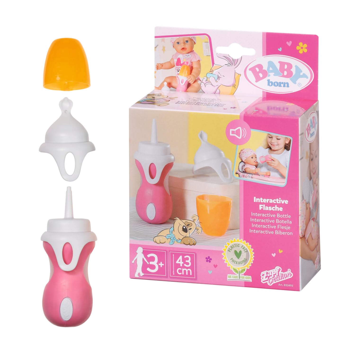 BABY born Interact, Flasche&Löffel 43cm - Interaktive Puppenflasche in pink und weiß mit Sound-Funktion, 2 wechselbare Aufsätze - verwendbar als Flasche und Löffel Angebot bei HelloDeals
