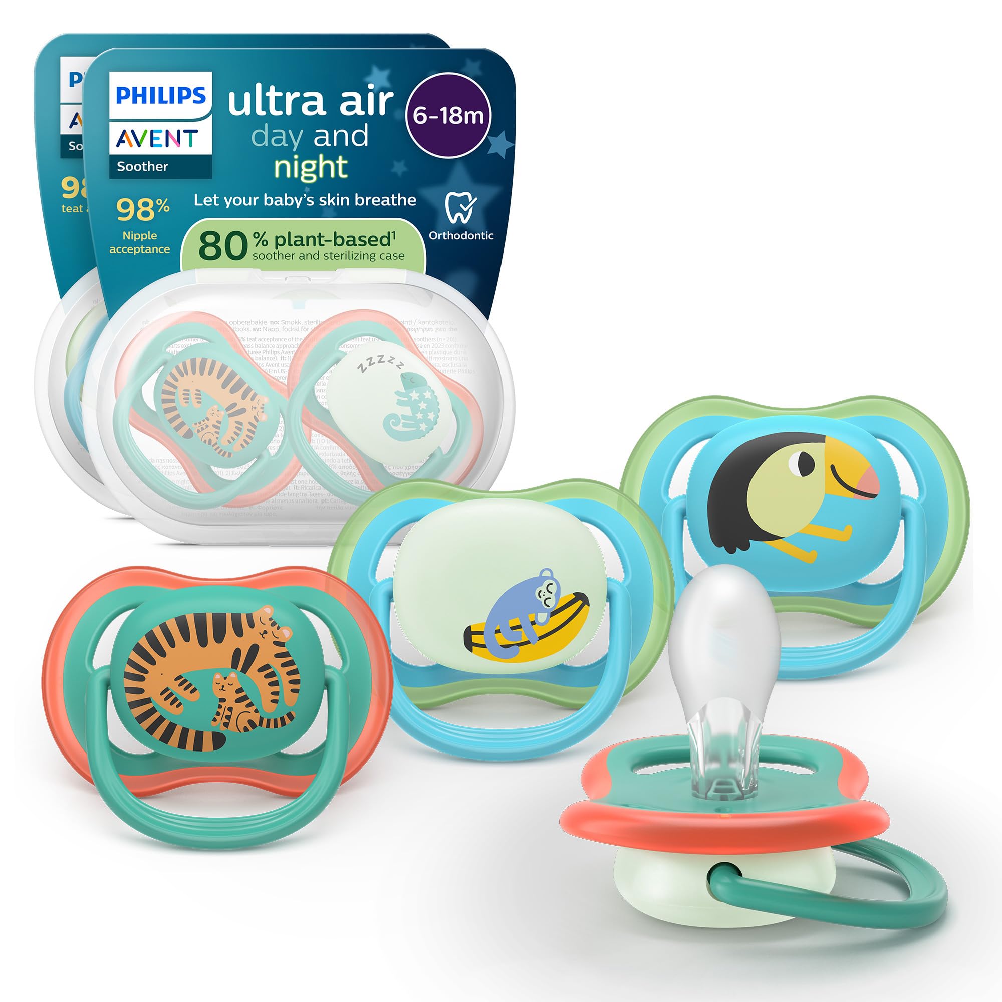 Philips Avent ultra air Day & Night Schnuller – kiefergerecht geformtes Design, für Babys, 6–18 Monate, leuchtet im Dunkeln, weicher, symmetrischer Silikonsauger, BPA-frei, 4er-Pack, SCF087/27 Tagesschnuller & leuchtende Schnuller 4 pack Safari Angebot bei HelloDeals
