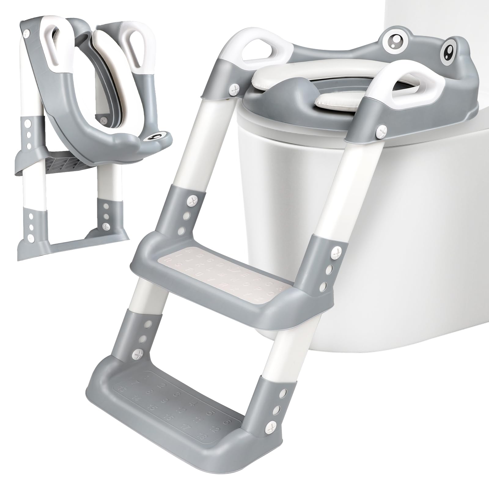 Toilettensitz Kinder mit Treppe, Toilettentrainer für Kinder, 2 IN 1 Toilettentrainer mit Treppe für Jungen und Mädchen, WC Sitz mit PU Gepolsterter Höhenverstellbar & Faltbar, Rutschfest (Grau) Angebot bei HelloDeals