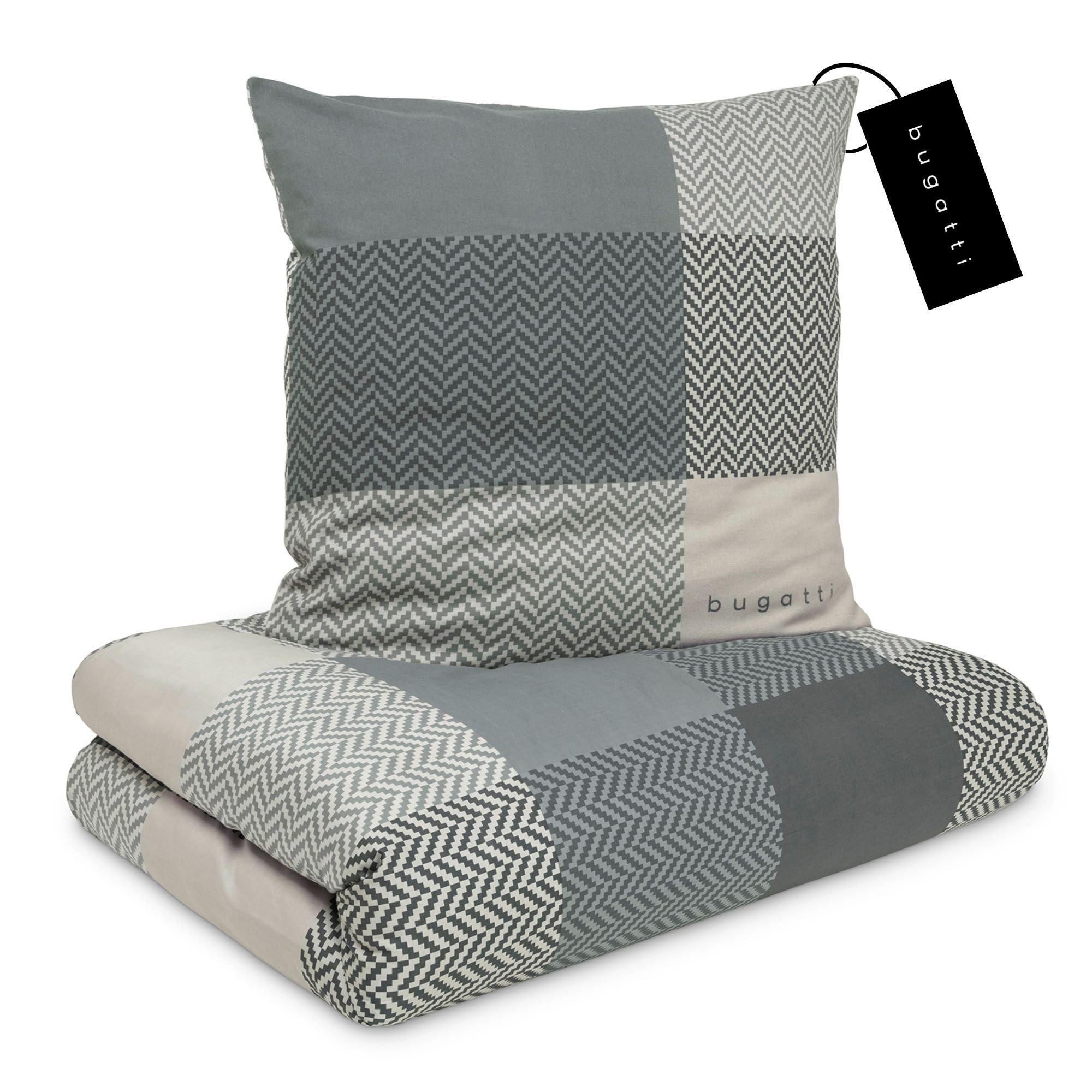 bugatti 2in1 Bettwäsche 135x200 cm - 100% Baumwolle Satin-Flanell Kombibettwäsche, Reißverschluss, anschmiegsam, weich & waschbar, Bettbezug grau Karo Grau 135 x 200, 80 x 80 cm Angebot bei HelloDeals