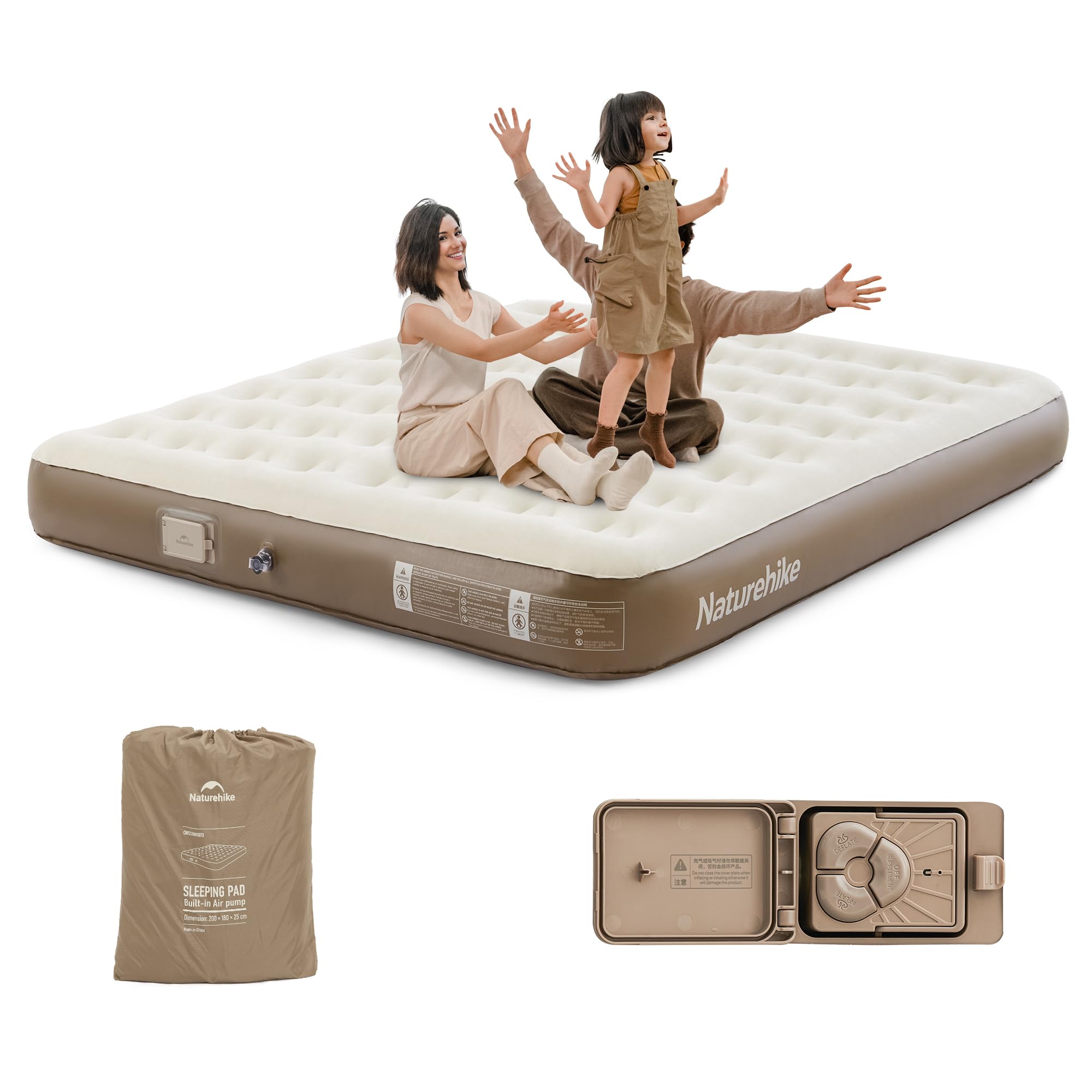 Naturehike Luftbett 3 Personen mit integrierter Pumpe, 200x180x25cm – Aufblasbare Matratze für Camping & Gästebett, Selbstaufblasend, Tragbar & Langzeitstabil, Ideal für Zuhause und Reisen Braun - 2-3 Personen Angebot bei HelloDeals