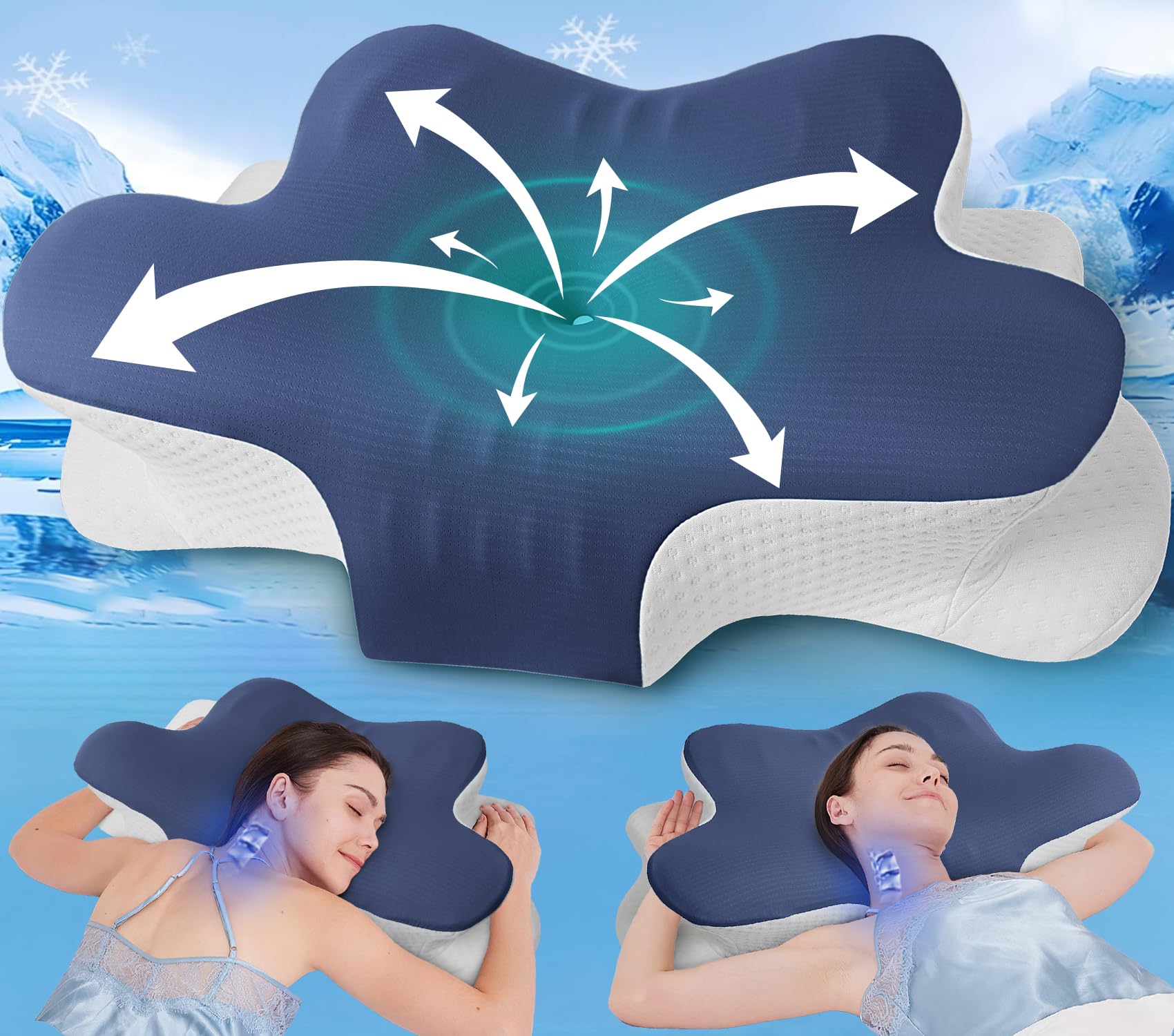 Kopfkissen gegen Nackenschmerzen – Orthopädisches Memory Foam Nackenstützkissen, Ergonomisch & höhenverstellbar, für Seiten-, Rücken- & Bauchschläfer, mit Armauflage & kühlendem, Ice-Silk Bezug 02-dunkelblau Angebot bei HelloDeals