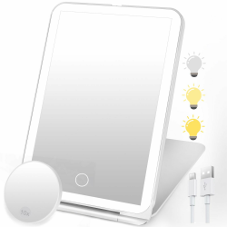 SURFOU Kosmetikspiegel mit Beleuchtung, Wiederaufladbar, faltbar & Ultraschlanker, 3 dimmbare Lichtfarben, Touchscreen und 10x Mini Vergrößerung, Perfekt für Reise und Zuhause (Weiß) Angebot bei HelloDeals