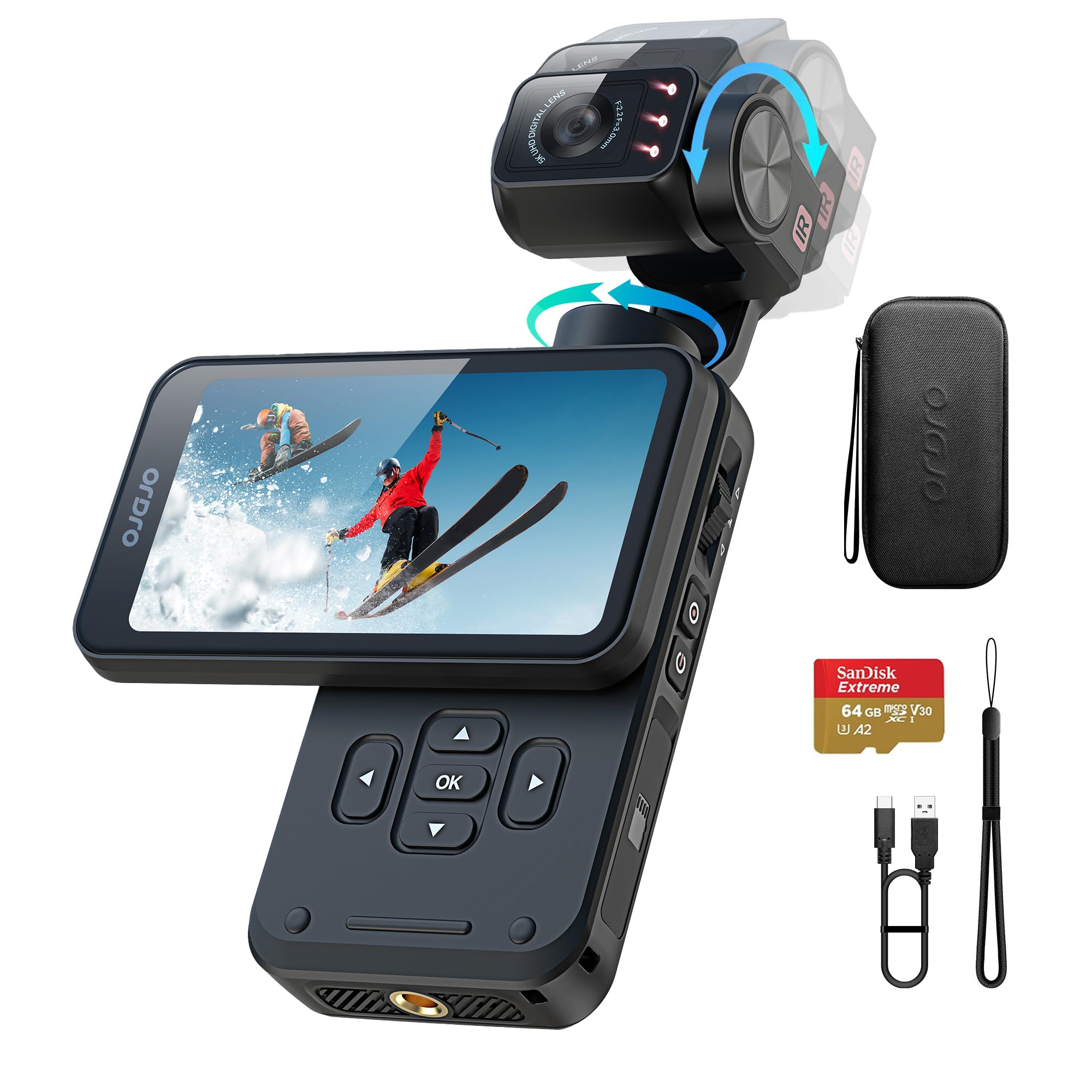 5K Vlog Kamera mit 64G Karte, 3-Achsen-Stabilisierung Vlogging Camera mit 3,5'' Drehbarer Touchscreen, 1/2,5'' CMOS, 5K 30FPS/4K 60FPS Video, Gesichts Tracking, IR Nachtsicht für Vlog/YouTube Schwarz Angebot bei HelloDeals