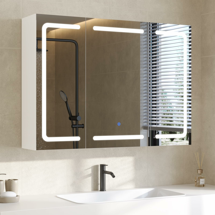 DICTAC Spiegelschrank Bad mit Beleuchtung und Steckdose Badezimmerschrank mit Spiegel und Verstellbarem Regal,Badschrank mit 3 Türen,Wandschrank,Hängeschrank,3 Farbtemperatur Dimmbare,80x60x16cm,Weiß Weiß 80 x 60 x 16 cm Angebot bei HelloDeals