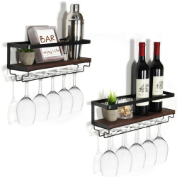 B4Life Wandmontierte Weinregal mit Glashalter, 2er Set Weinglasregal Holz, Vintage Flaschenregal aus Schwimmregale mit Stemware, Weinregalregal mit Glashalter Wandmontage für Esszimmer Home Bar Küche Angebot bei HelloDeals