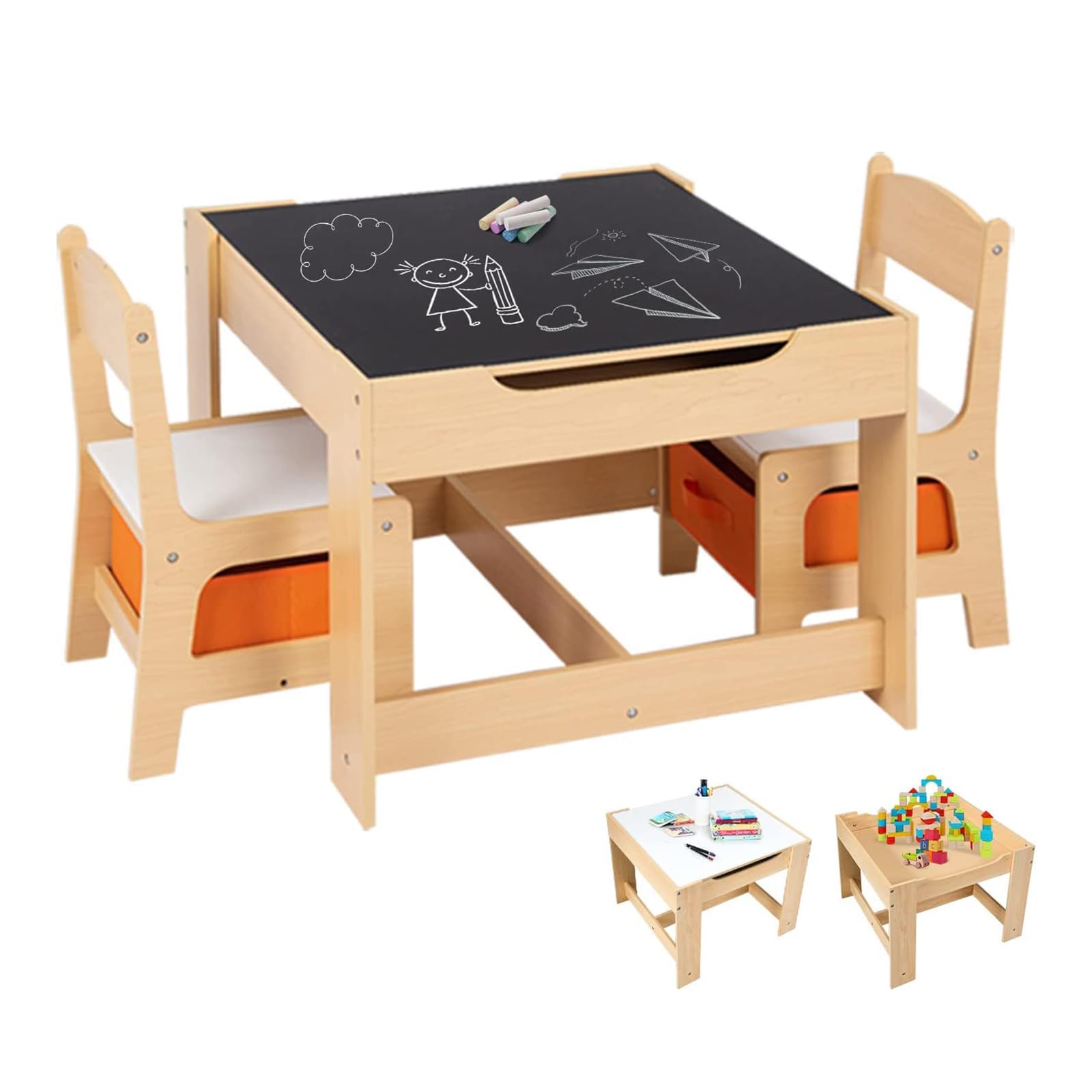 COSTWAY 3 TLG. Kindersitzgruppe, Kindertisch mit 2 Stühlen aus Holz, 3 in 1 Maltisch & Aktivitätstisch & Tafeltisch, Kindermöbel Kindersitzgarnitur für Kleinkinder von 3-7 Jahren (Natur) Angebot bei HelloDeals