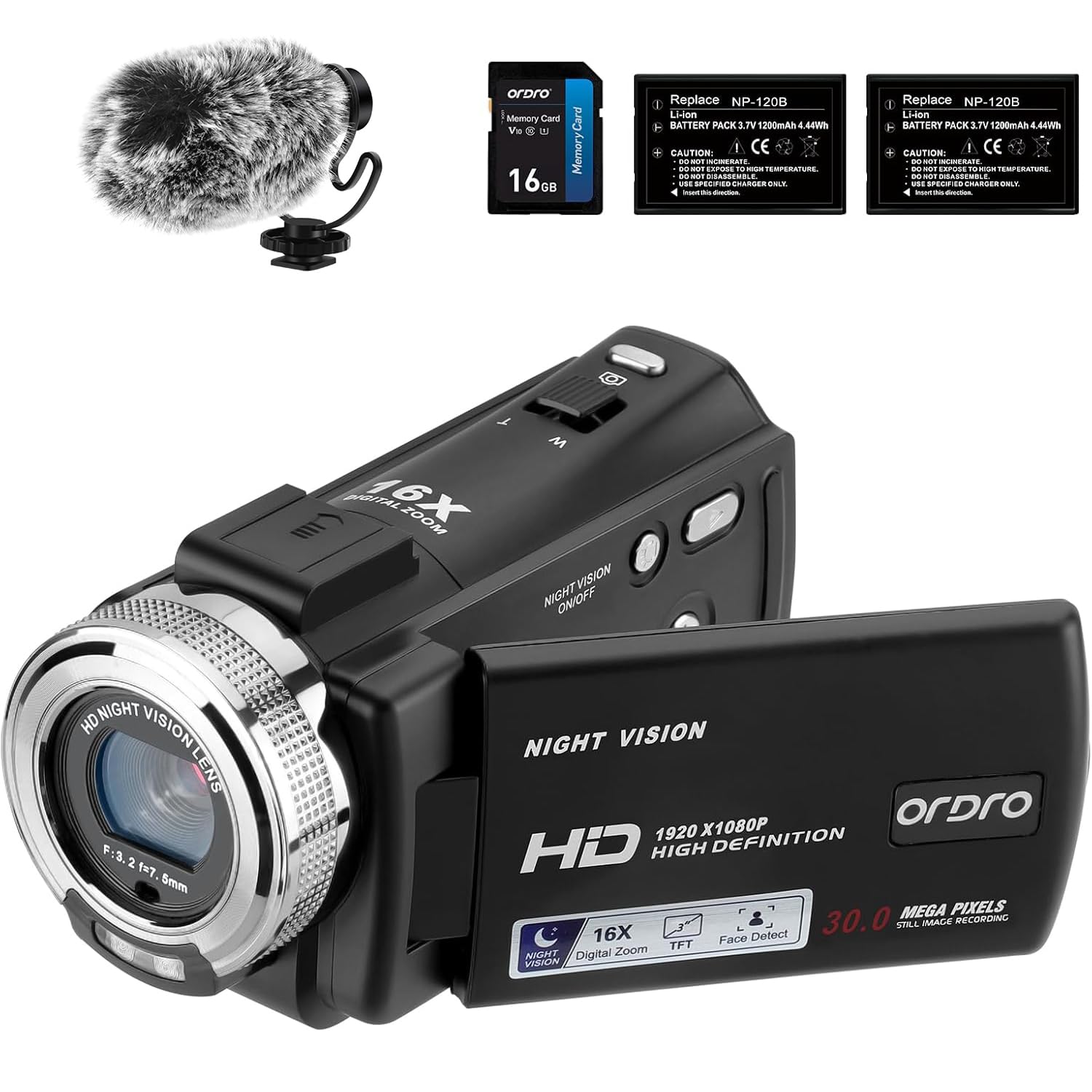 ORDRO Camcorders HDV-V12 HD 1080P Video Camera Recorder Infrared Night Vision Camera with 3.0 Inch LCD Screen 16GB Memory Card Remote Control and 2 Batteries (V12+ Microphone) Angebot bei HelloDeals